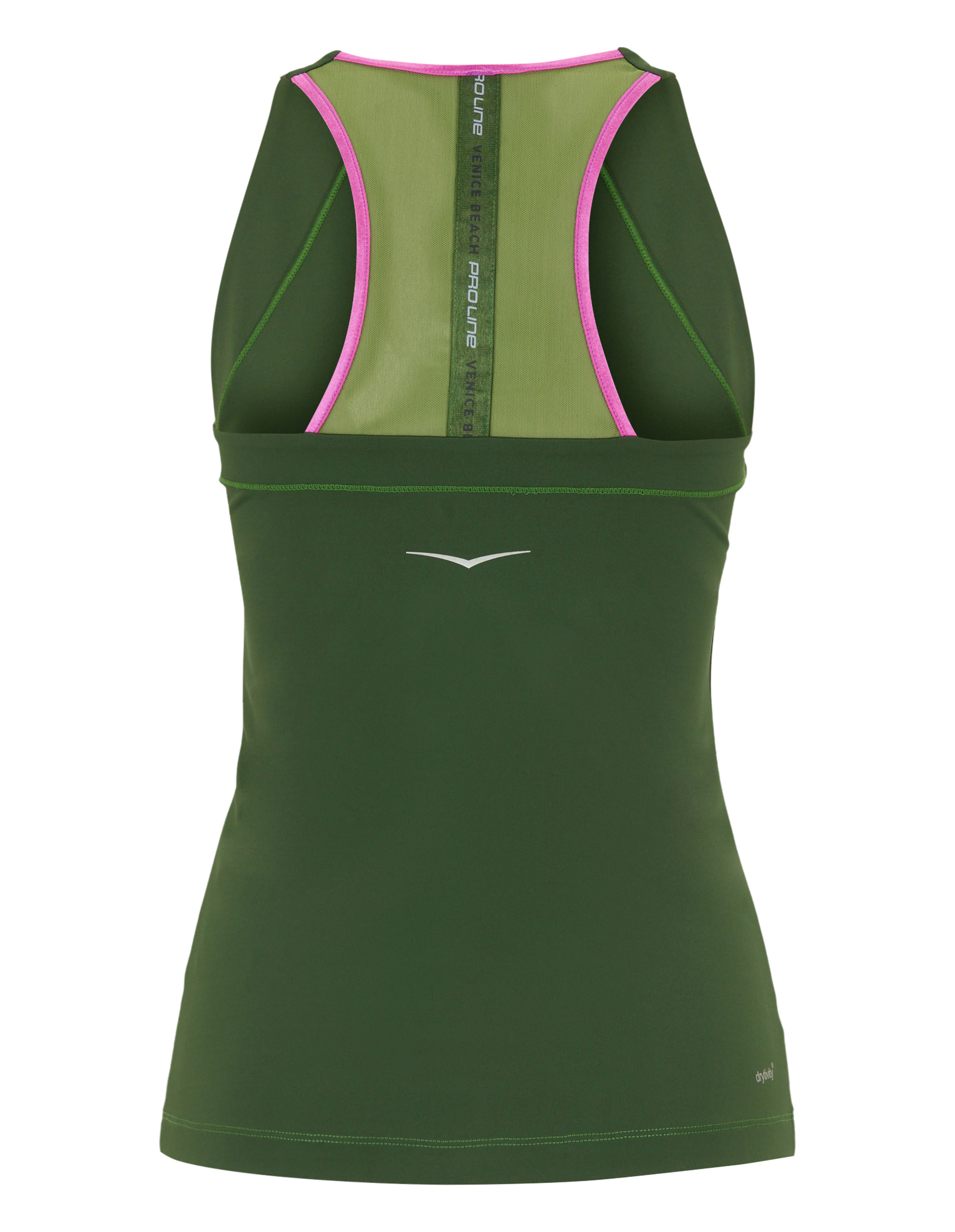 Grünes ärmelloses Sporttop mit Racerback, pinken Rändern und Mesh-Einsatz, ideal für sportliche Aktivitäten.