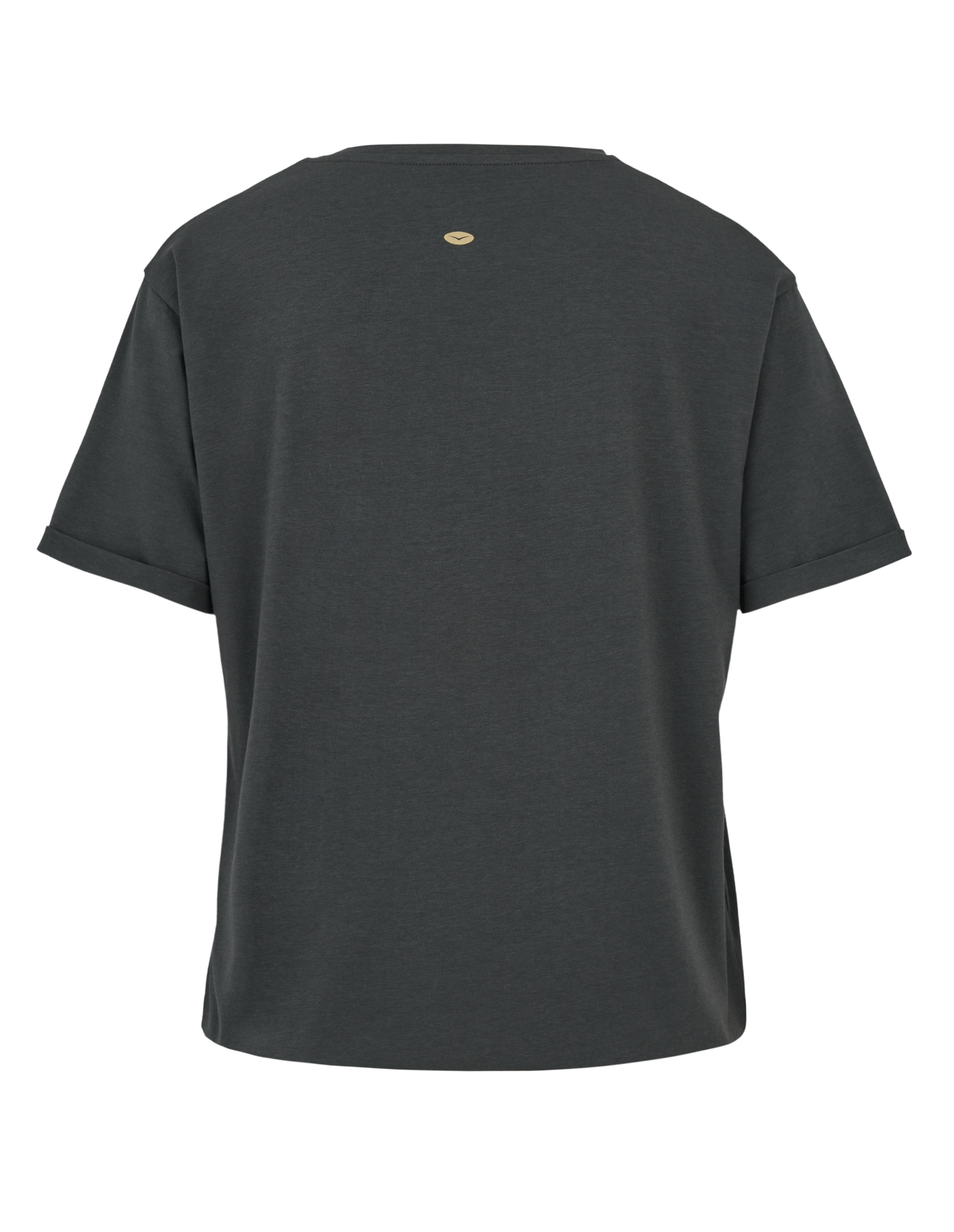 Dunkelgraues T-Shirt von hinten, kurzer Ärmel, rundem Kragen und kleinem, ovalen Logo zwischen den Schulterblättern.