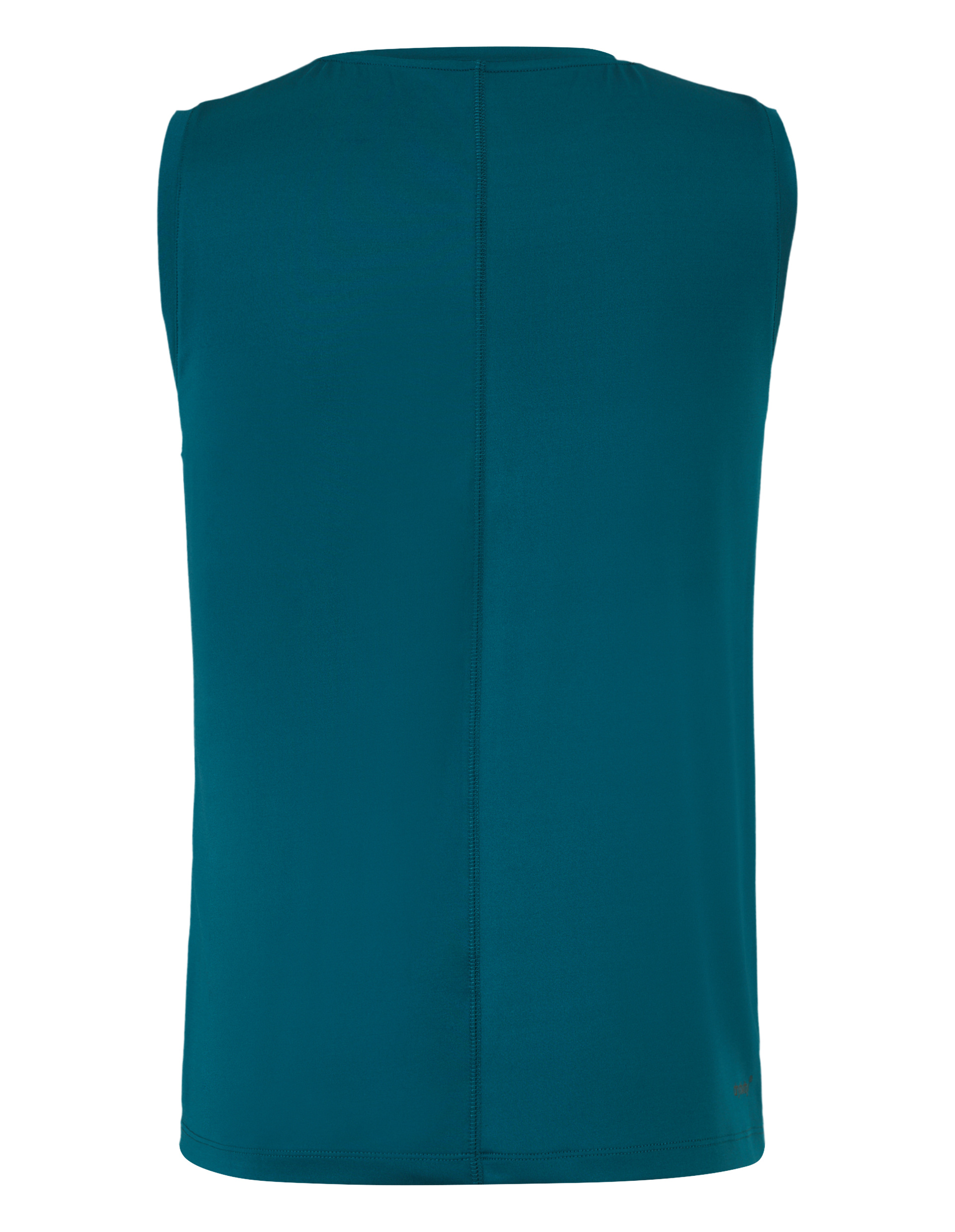 Rückansicht eines ärmellosen, dunkelblauen Sportshirts aus bequemem, elastischem Material, mit einer Naht in der Mitte.