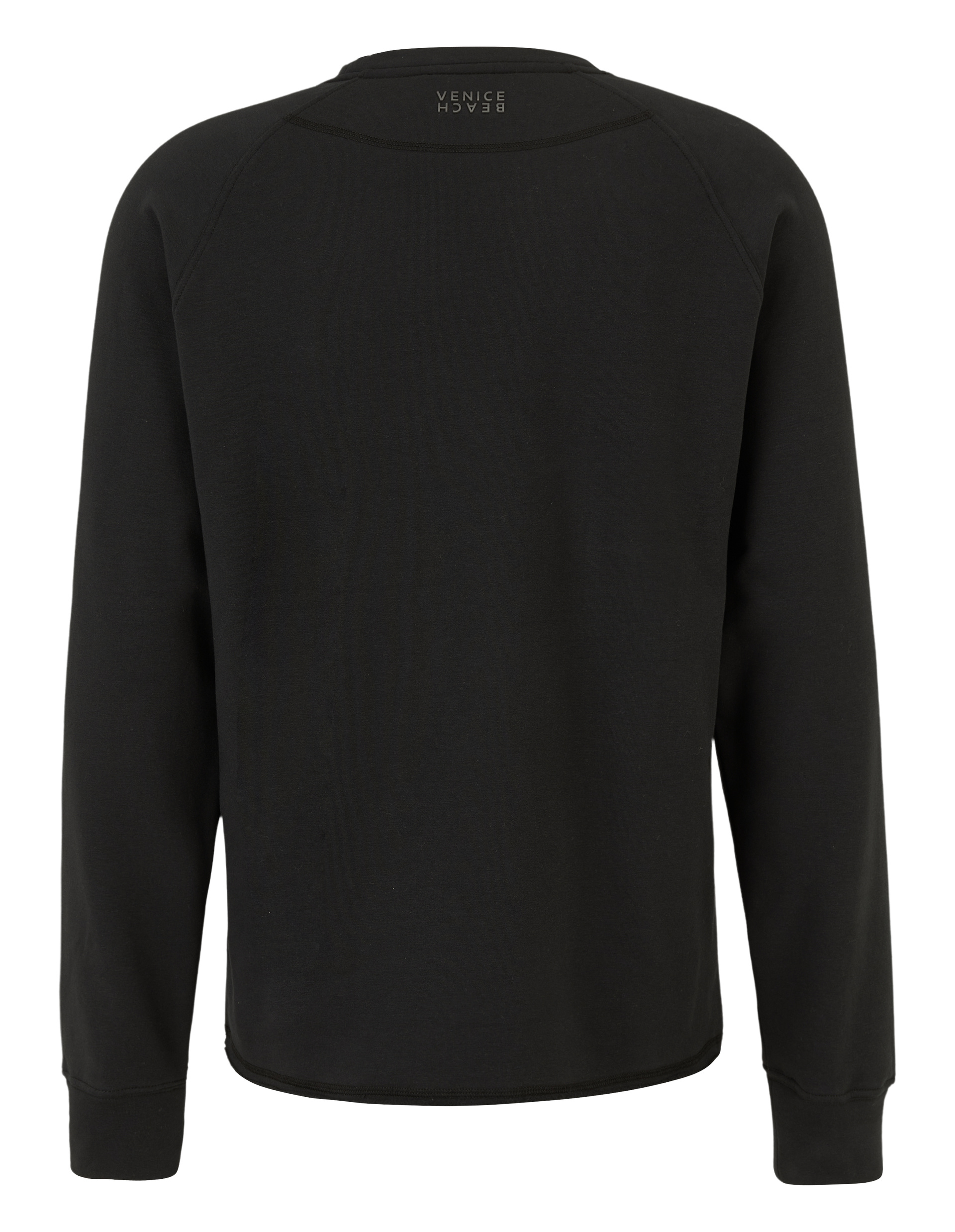 Schwarzer Pullover von hinten mit langen Ärmeln und kleinem "Venice Beach"-Schriftzug am oberen Rücken, minimalistisch und schlicht.