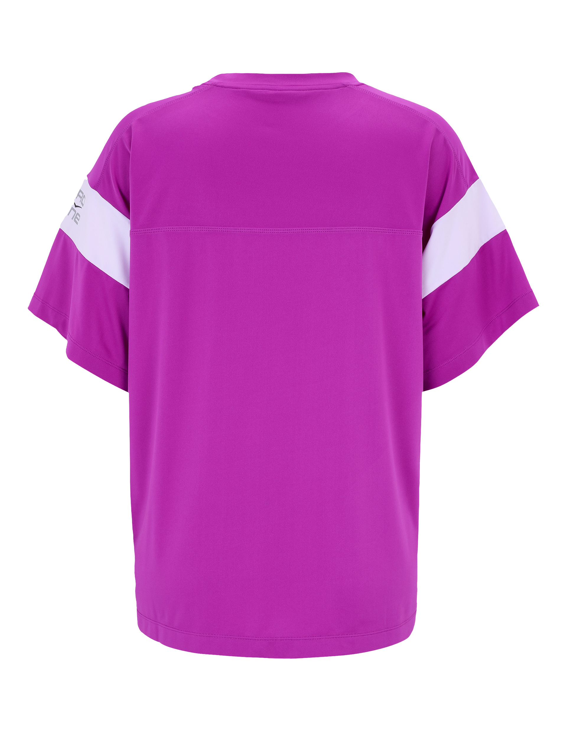 Rückansicht eines lilafarbenen T-Shirts mit kurzen Ärmeln und weißen Streifen über den Schultern, aus glattem Stoff.