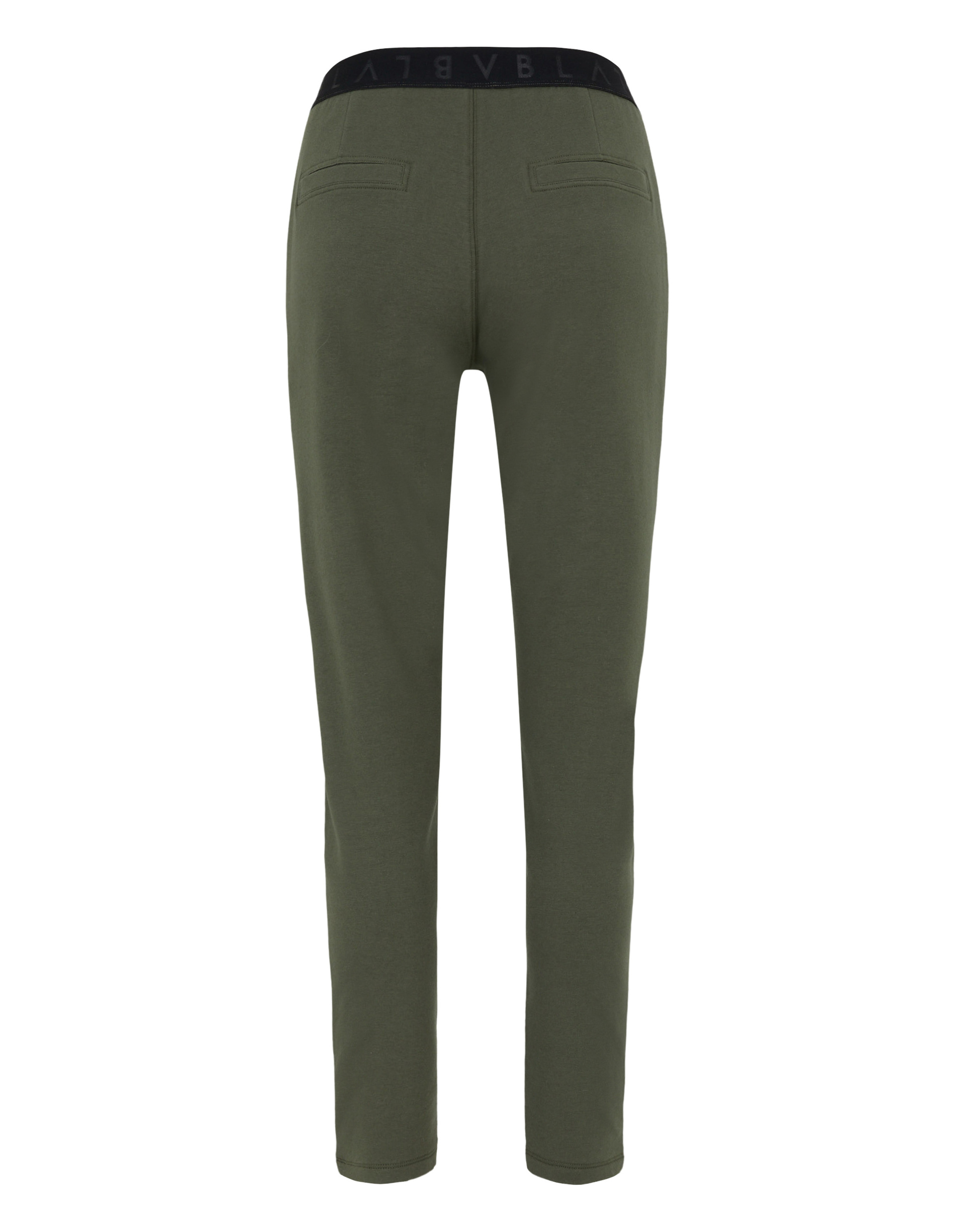 Dunkelgrüne Jogginghose aus Jersey, zeigt Rückansicht mit elastischem Bund, zwei Gesäßtaschen und geradem Schnitt.