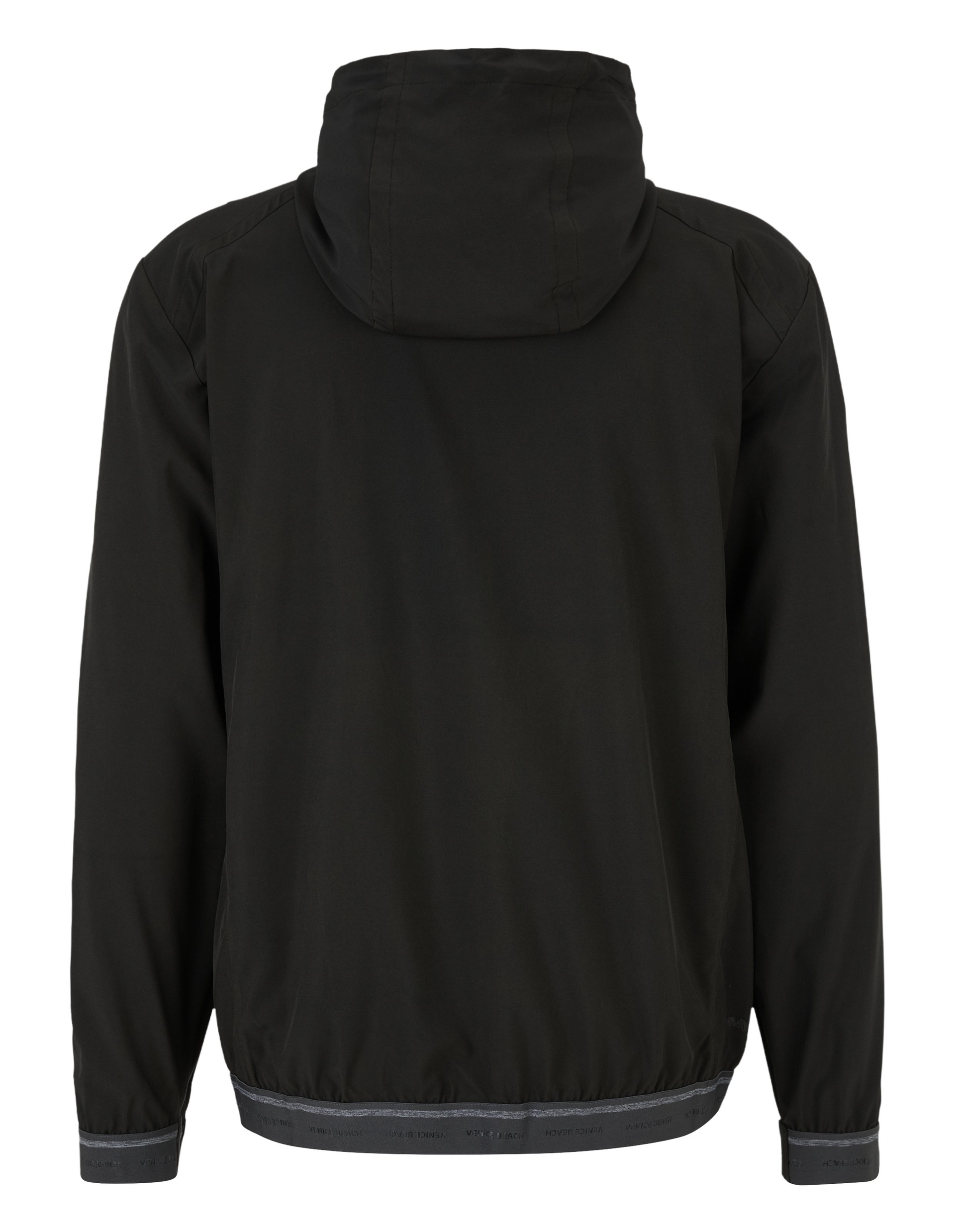 Schwarze Jacke mit Kapuze, elastischem Bund und Ärmelabschlüssen, schlichtes Design, Rückansicht fokussiert zentriert dargestellt.