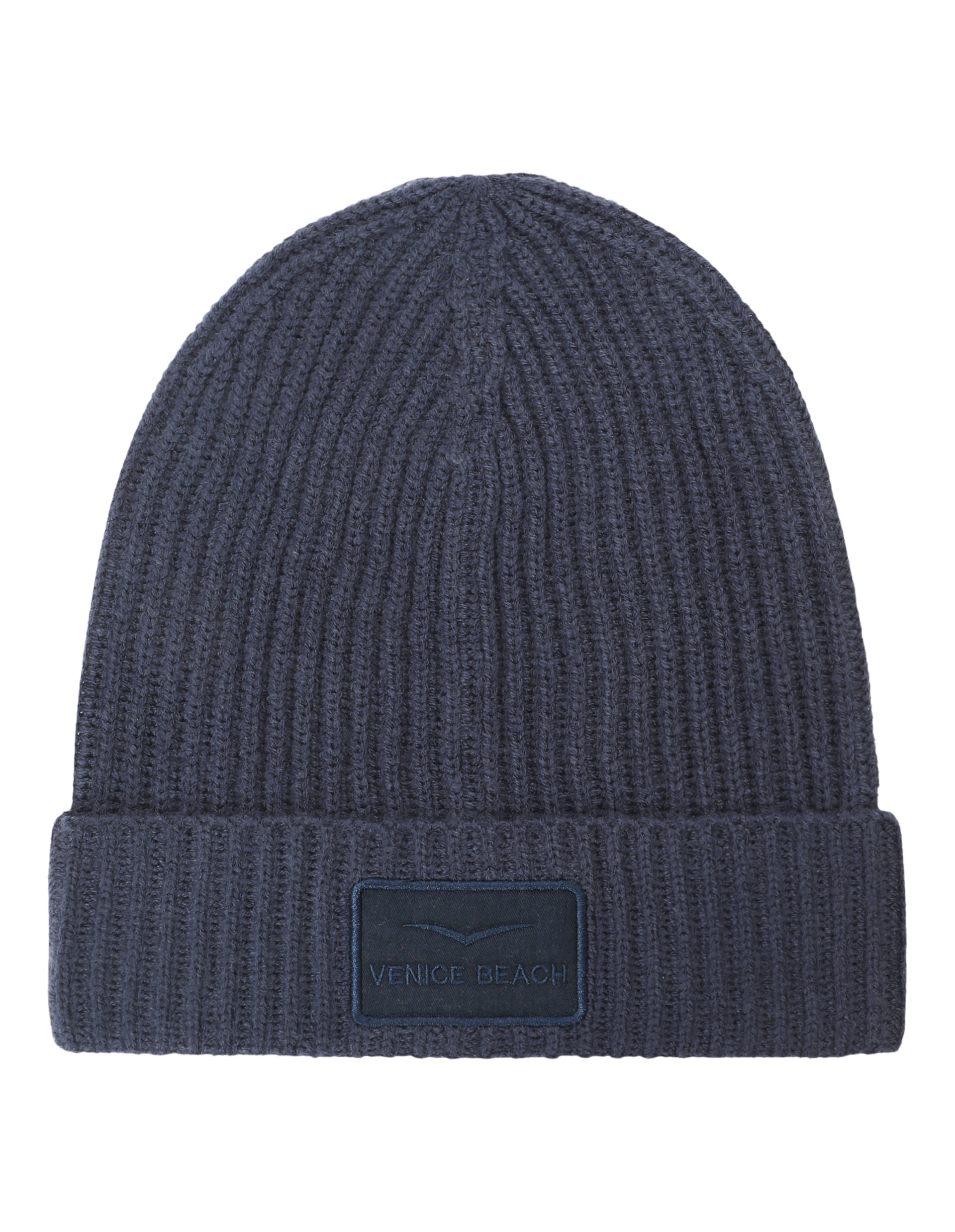 Gestrickte dunkelgraue Beanie-Mütze mit umgeschlagenem Rand und einem rechteckigen "Venice Beach"-Aufnäher vorne.