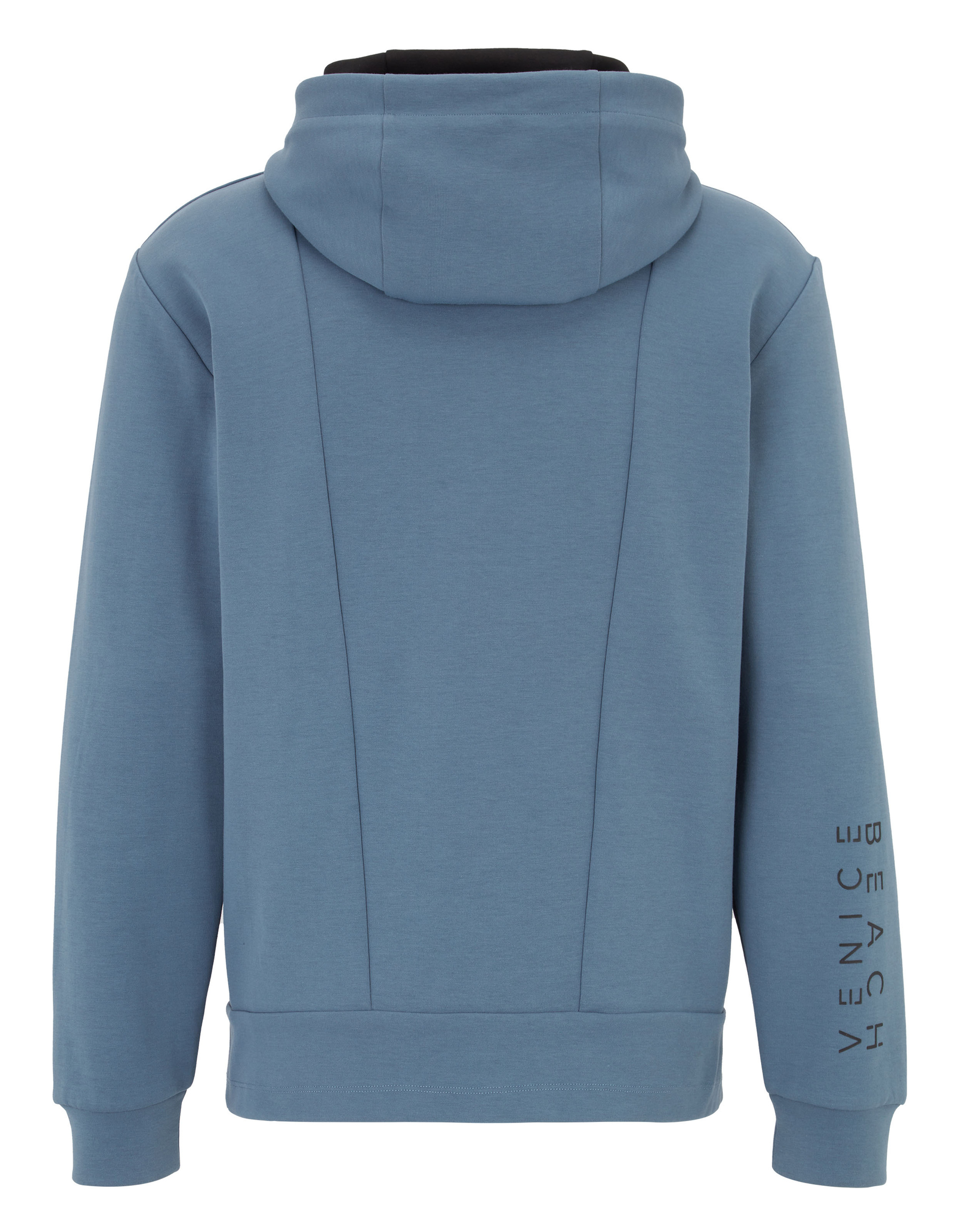 Blaue Kapuzenjacke mit Frontreißverschluss, Kordelzug an der Kapuze und zwei schwarzen Reißverschlusstaschen vorne.