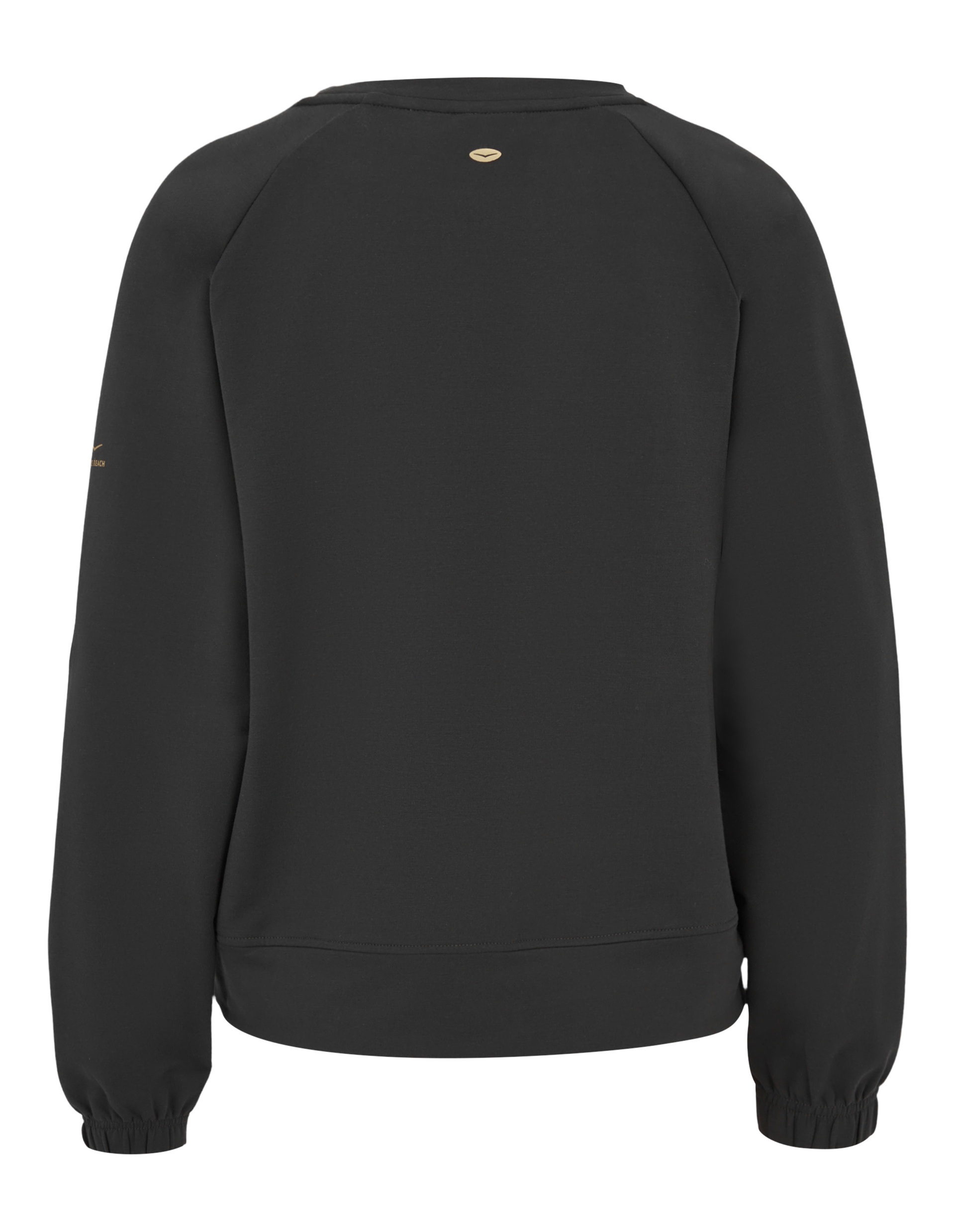 Schwarzer Sweatshirt-Rücken mit Raglanärmeln, elastischen Bündchen und kleinem, goldenem Logo unter dem Nacken.
