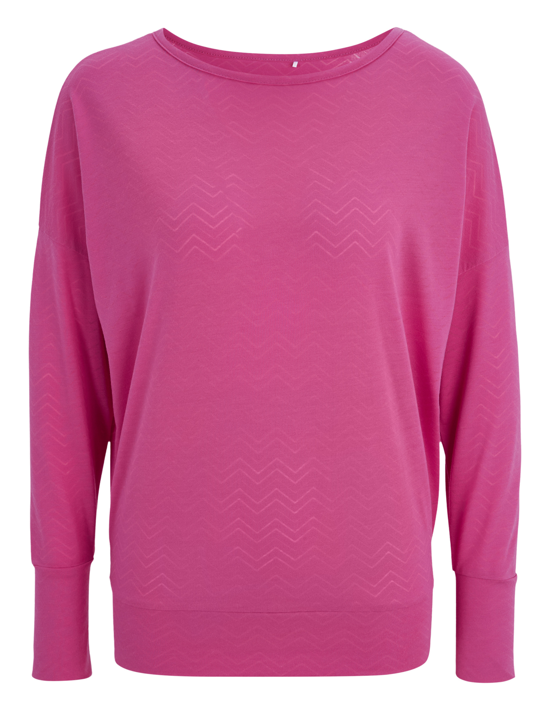 Pinkes Langarmshirt mit Zickzackmuster und weitem Rundhalsausschnitt.