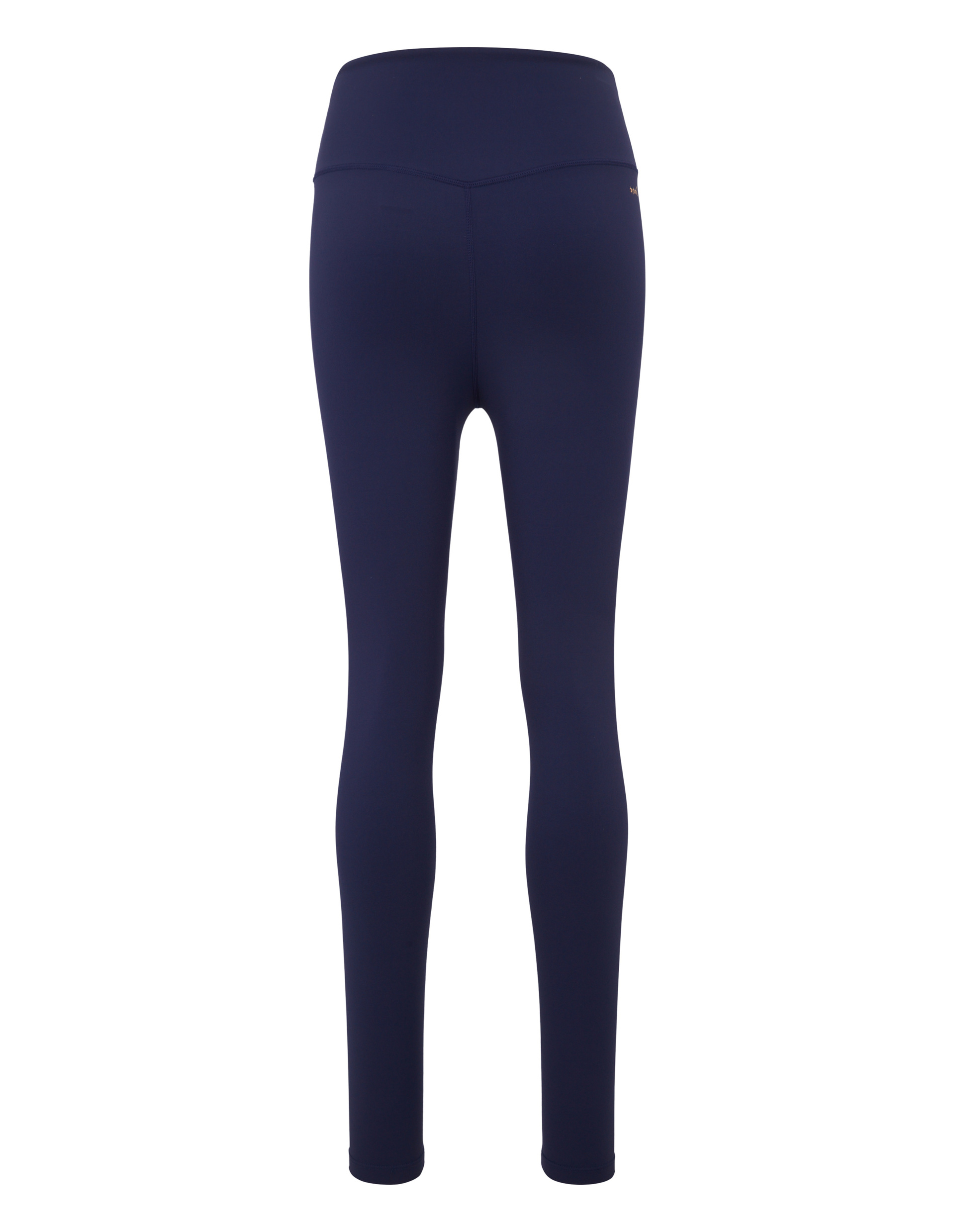 Dunkelblaue Leggings mit hohem Bund, schlichtem Design und seitlich weißem Logo-Schriftzug unten am Bein, vor weißem Hintergrund.