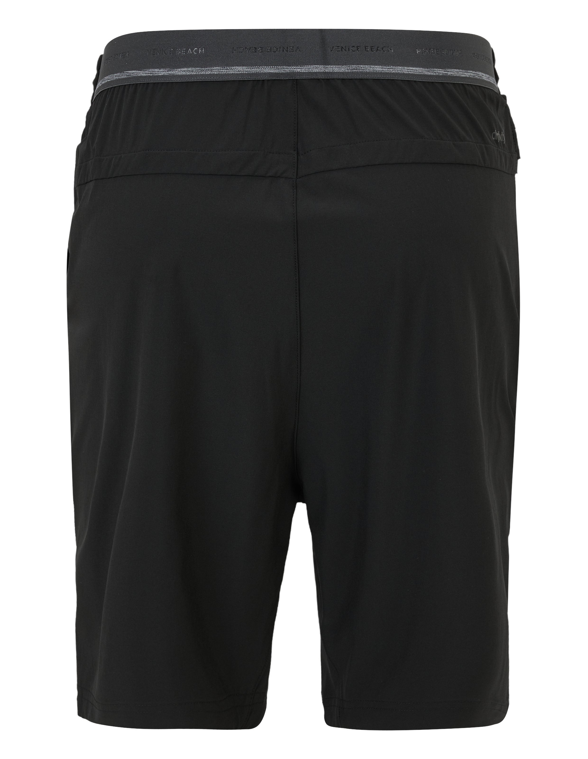 Schwarze Herrensportshorts aus leichtem Material, Rückansicht, mit elastischem Bund und dezenter Logo-Aufschrift auf der Kante.