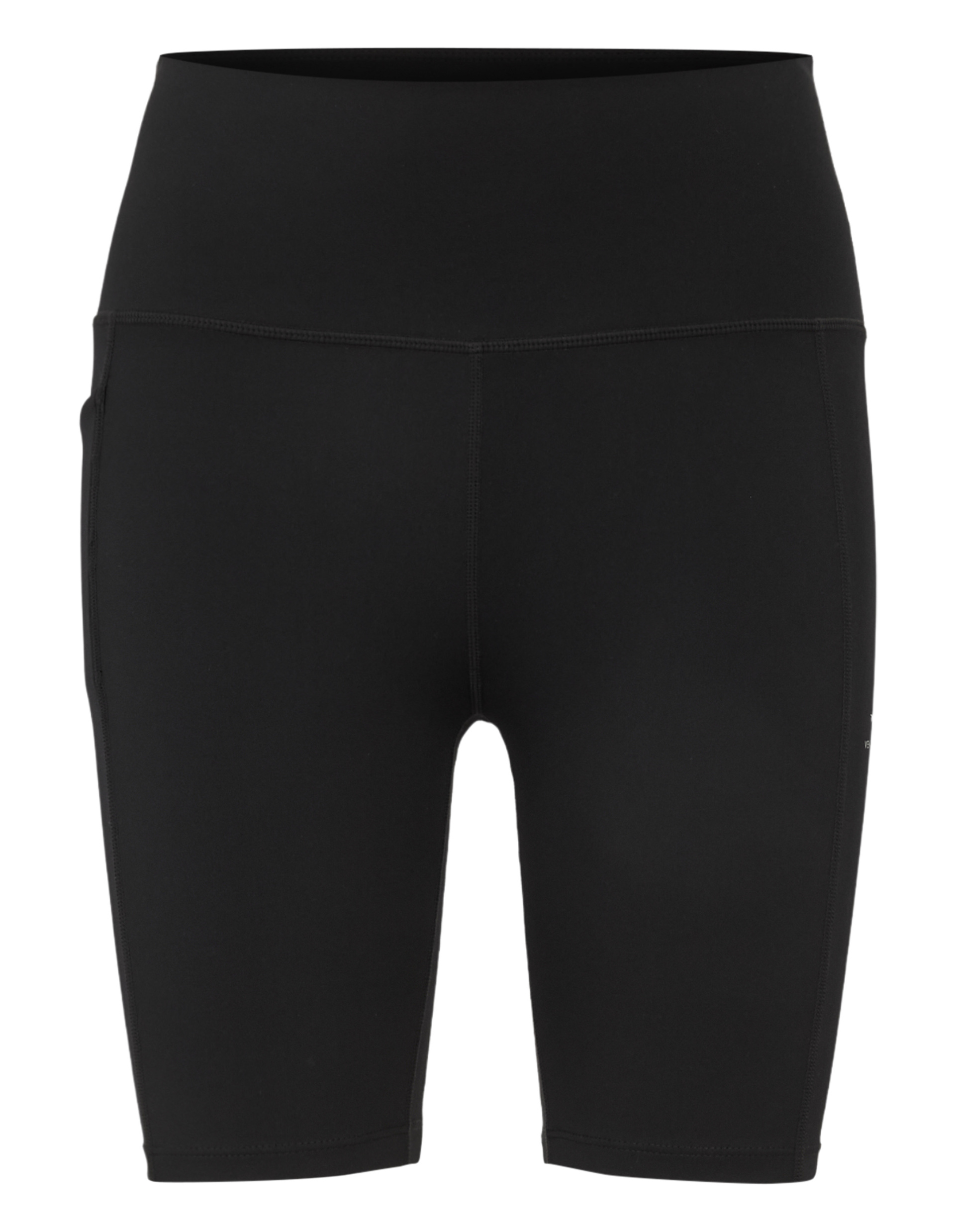 Schwarze, knielange Sportshorts mit hohem Bund, nahtlosen Übergängen und elastischem Material für bequemen Sitz und Flexibilität.