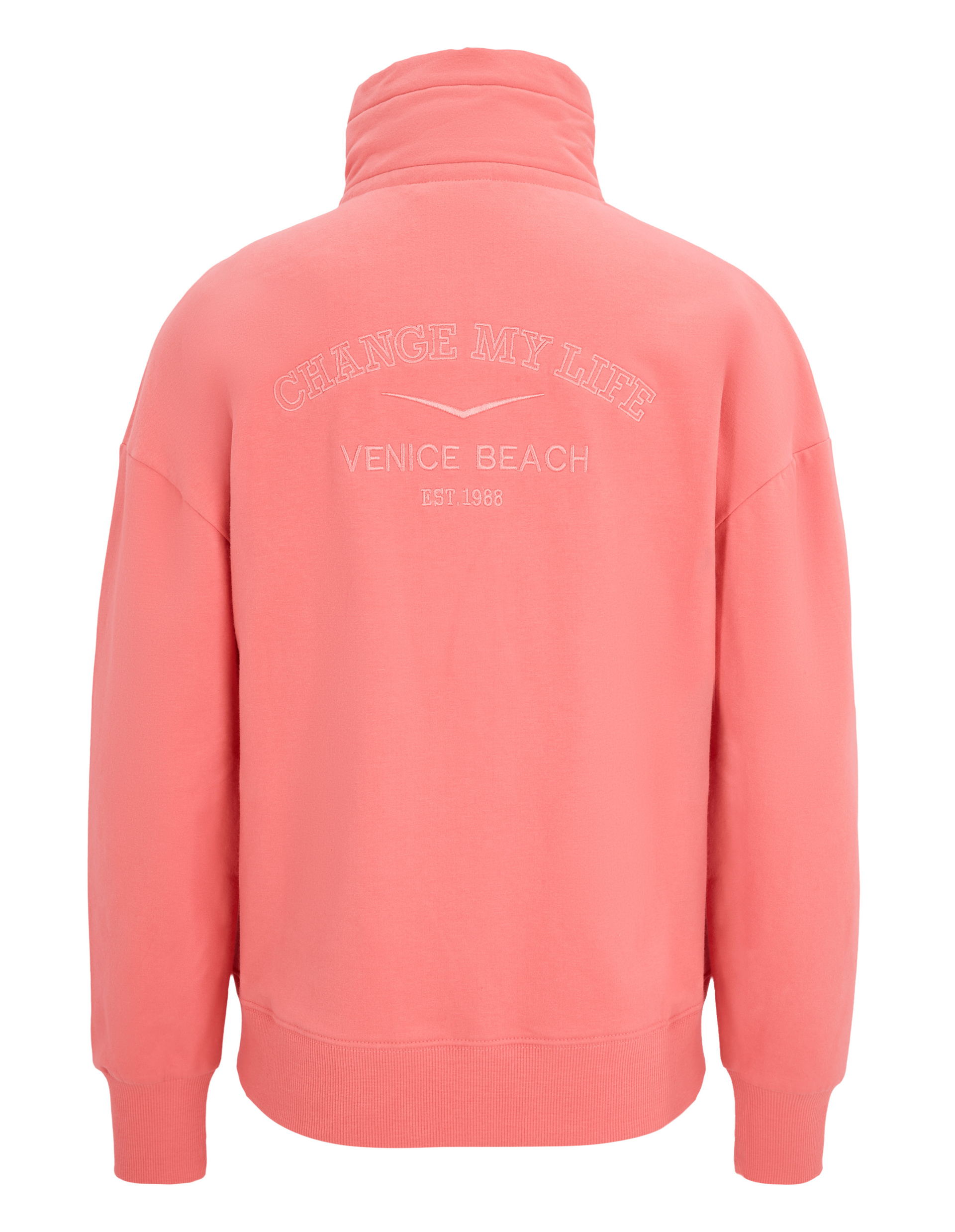 Rosa Sweatshirt mit hohem Kragen, Schriftzug "Change My Life" und "Venice Beach Est. 1988" auf dem Rücken eingestickt.