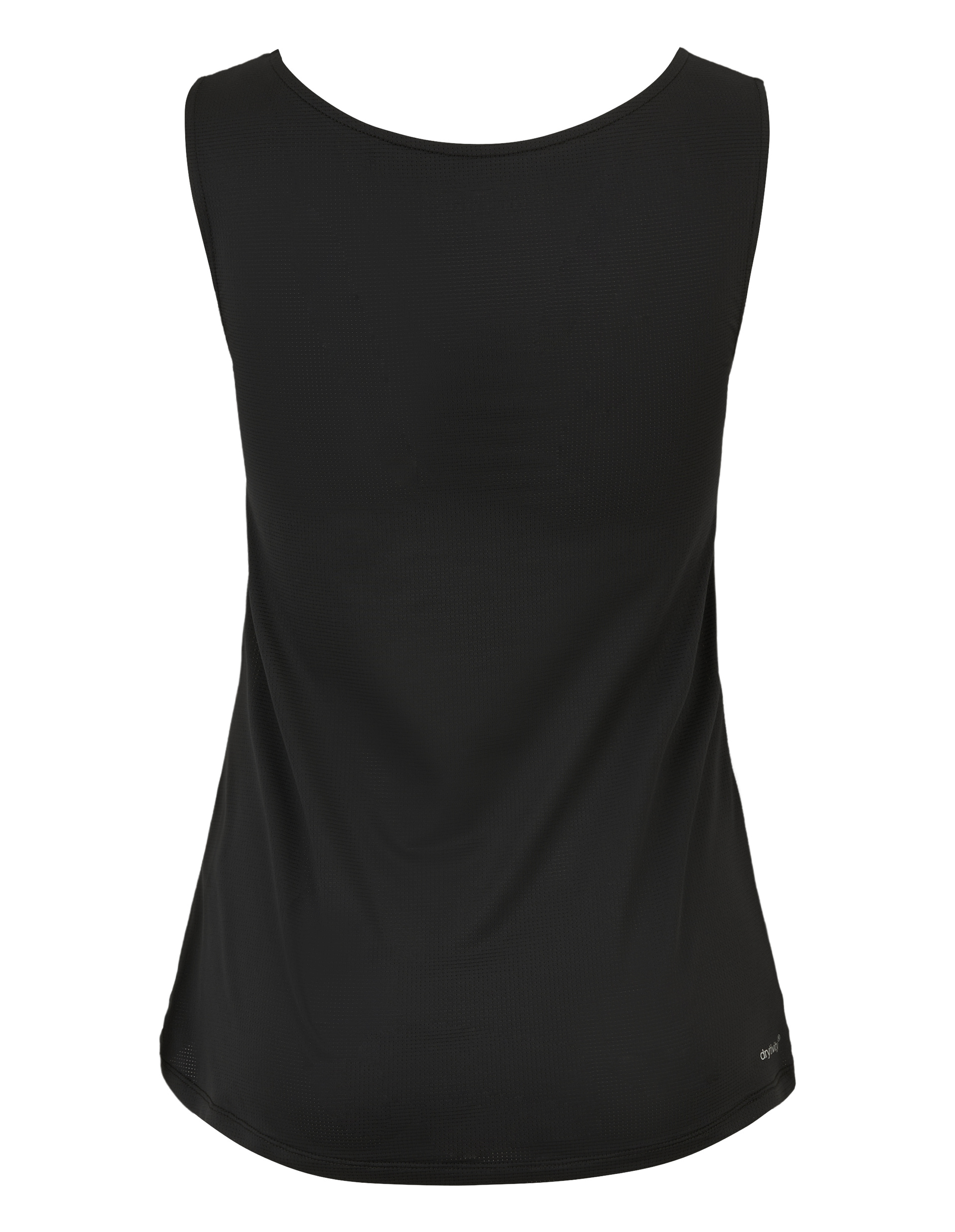 Schwarzes ärmelloses Tanktop aus leichtem Stoff mit rundem Halsausschnitt, Rückansicht, schlichtes Design für sportlichen Look.