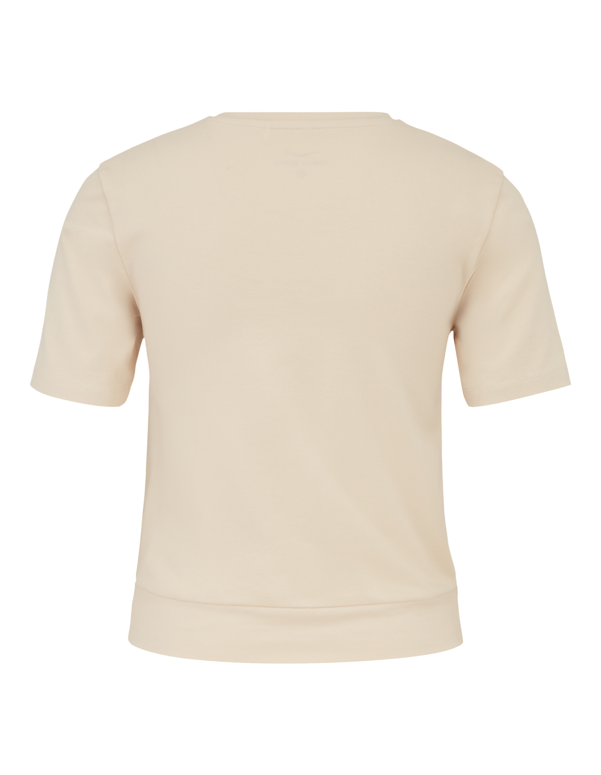 Beiges T-Shirt aus Baumwolle, von hinten gezeigt, mit kurzen Ärmeln und rundem Halsausschnitt.