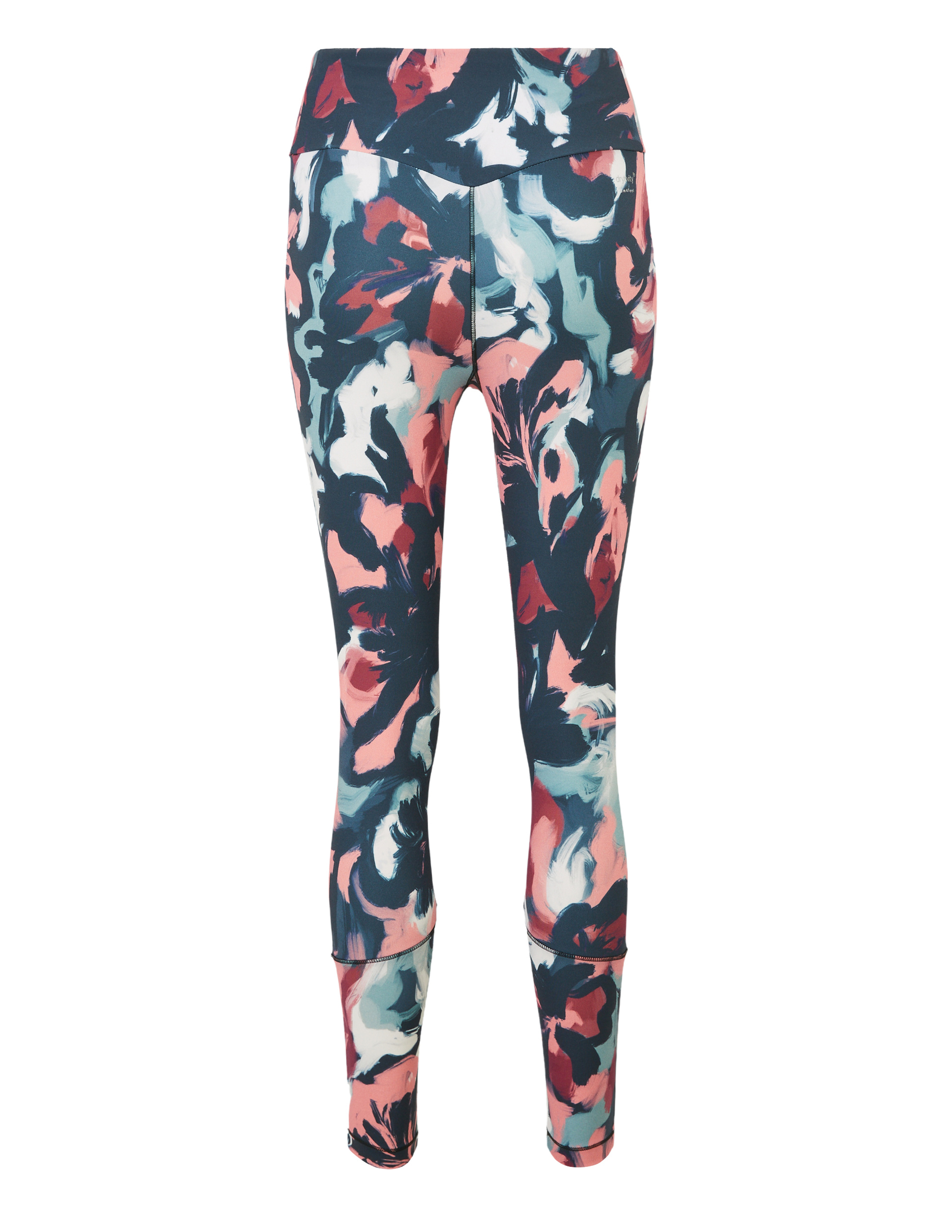 Bunte Damenleggings mit abstraktem Blütenmuster in Blau, Rosa und Weiß, hoher Bund, eng anliegende Passform.