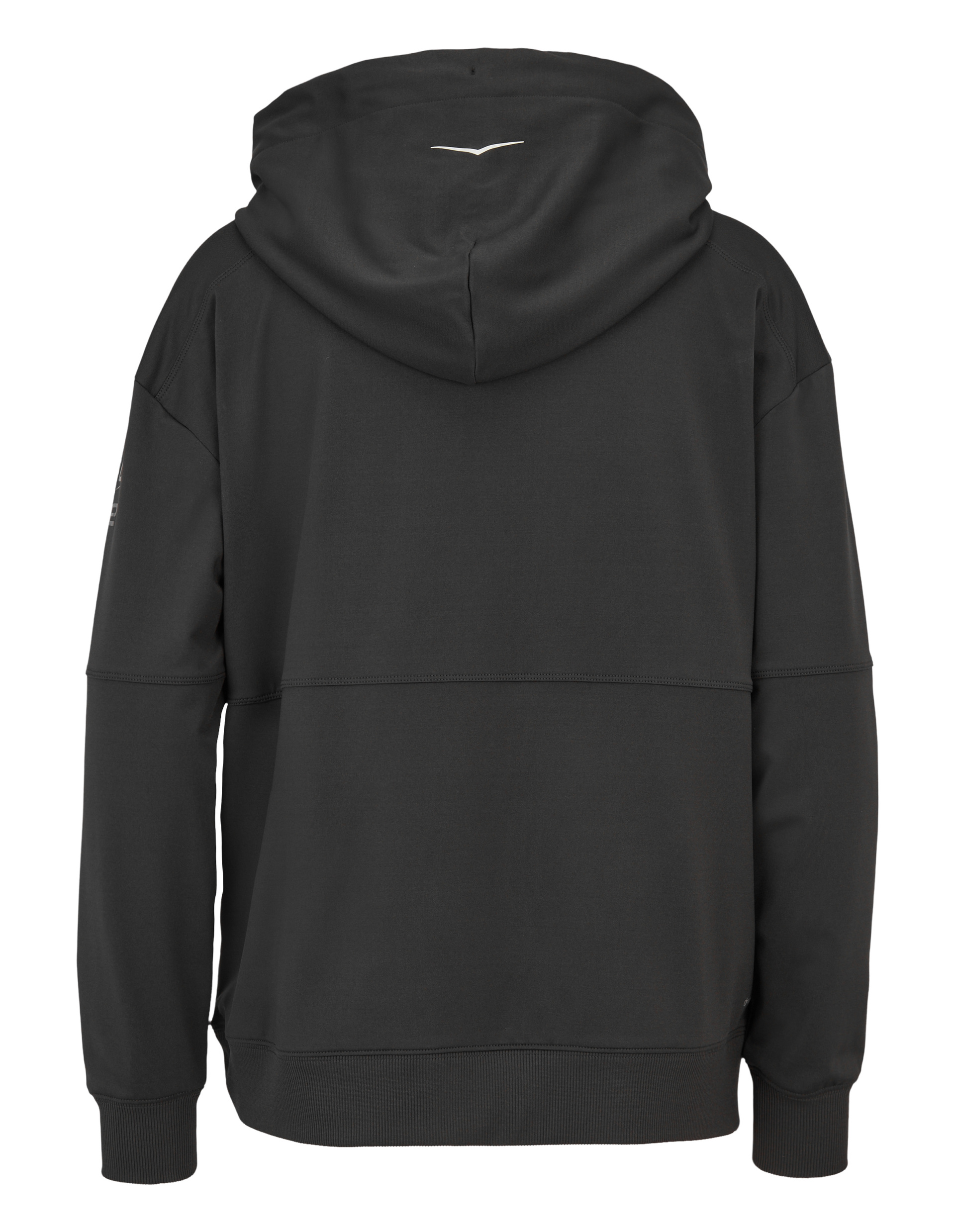 Rückansicht eines schwarzen Hoodies mit Kapuze und einer dezenten weißen Linie im Nackenbereich, schlichtes Design.