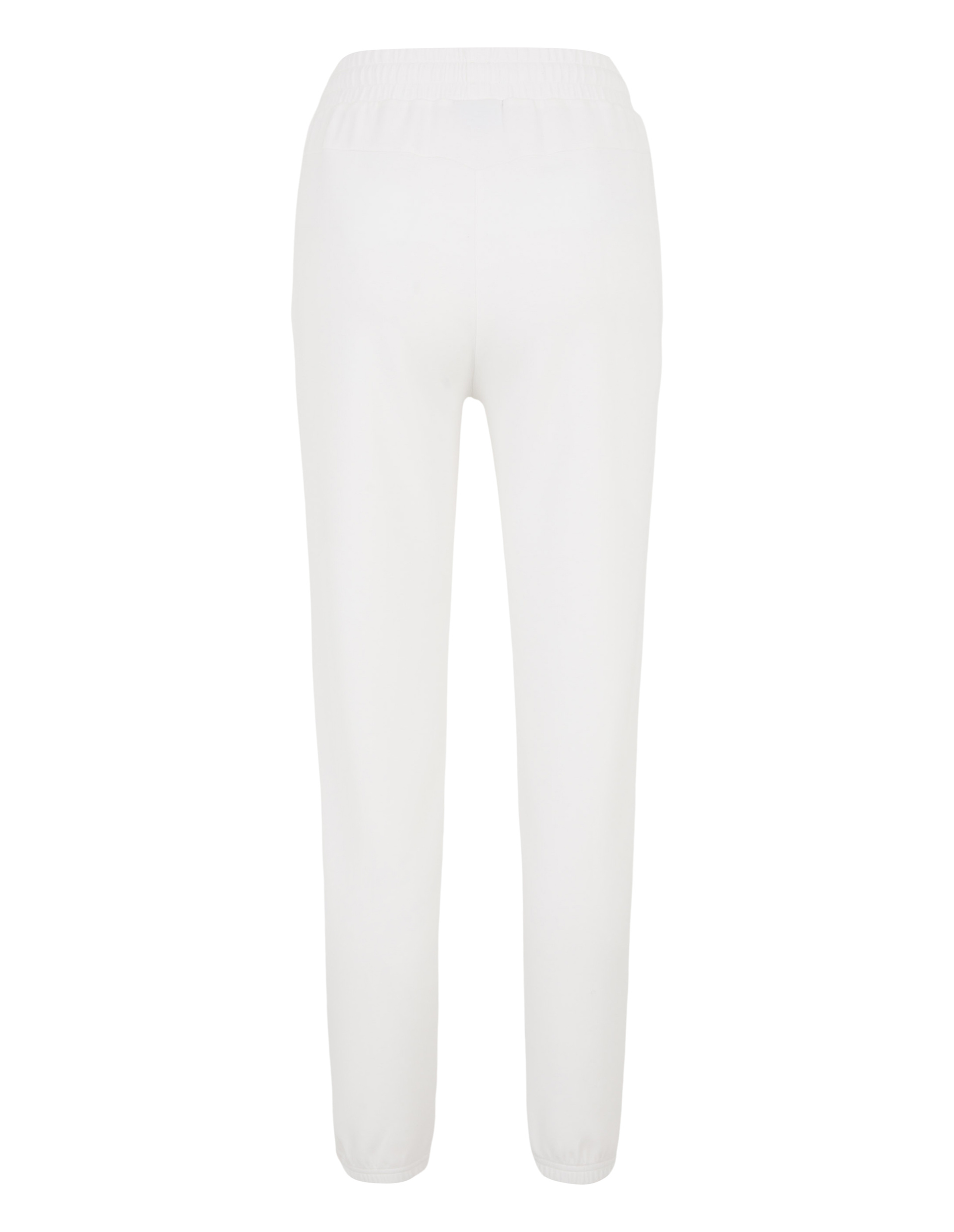 Weiße Jogginghose mit elastischem Bund, ohne sichtbare Taschen, in Rückansicht, schlichtes Design ohne Muster oder Verzierungen.