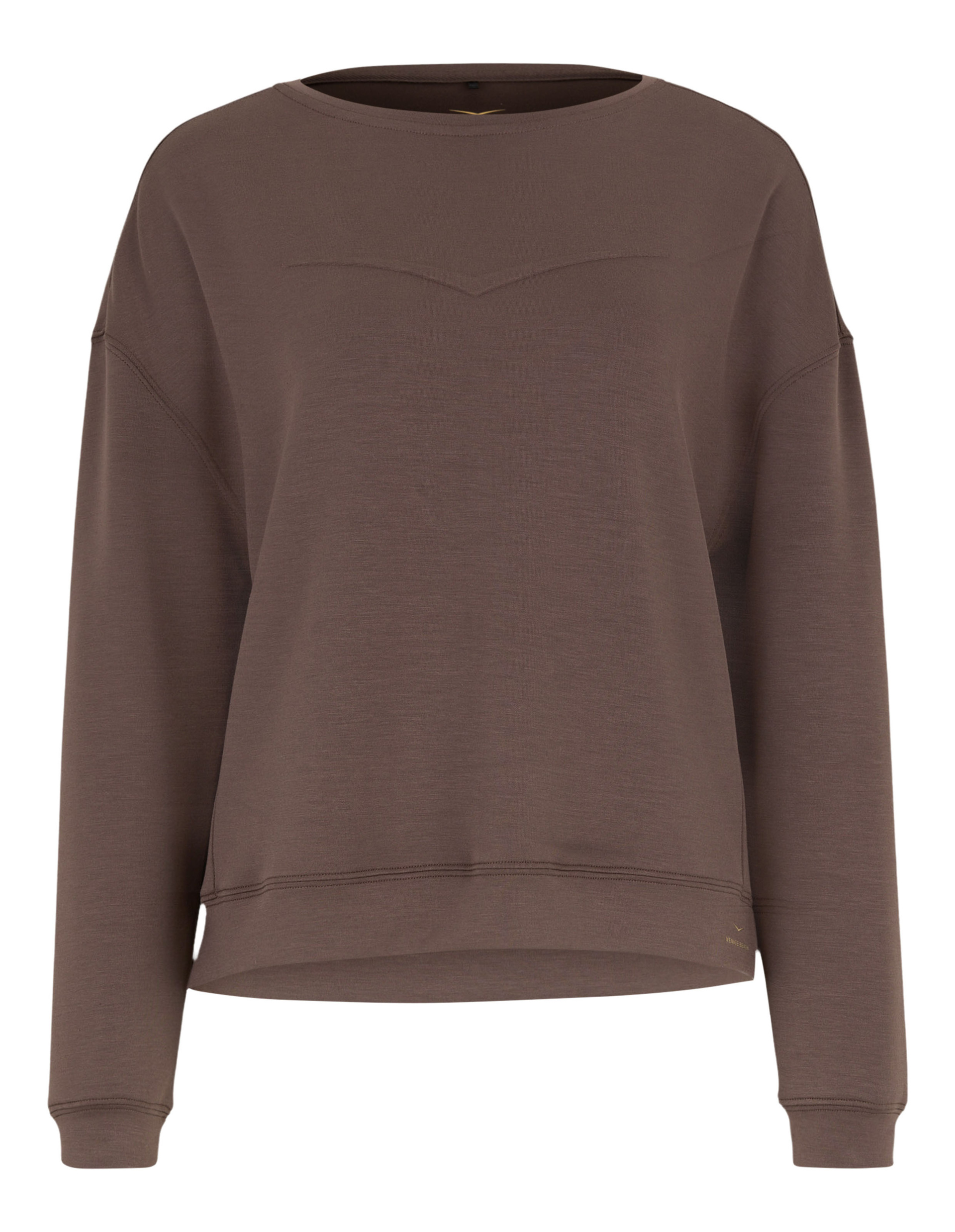 Brauner Pullover mit Rundhalsausschnitt und langen Ärmeln, schlichtes Design ohne Muster, aus weichem Material, entspannt geschnitten.
