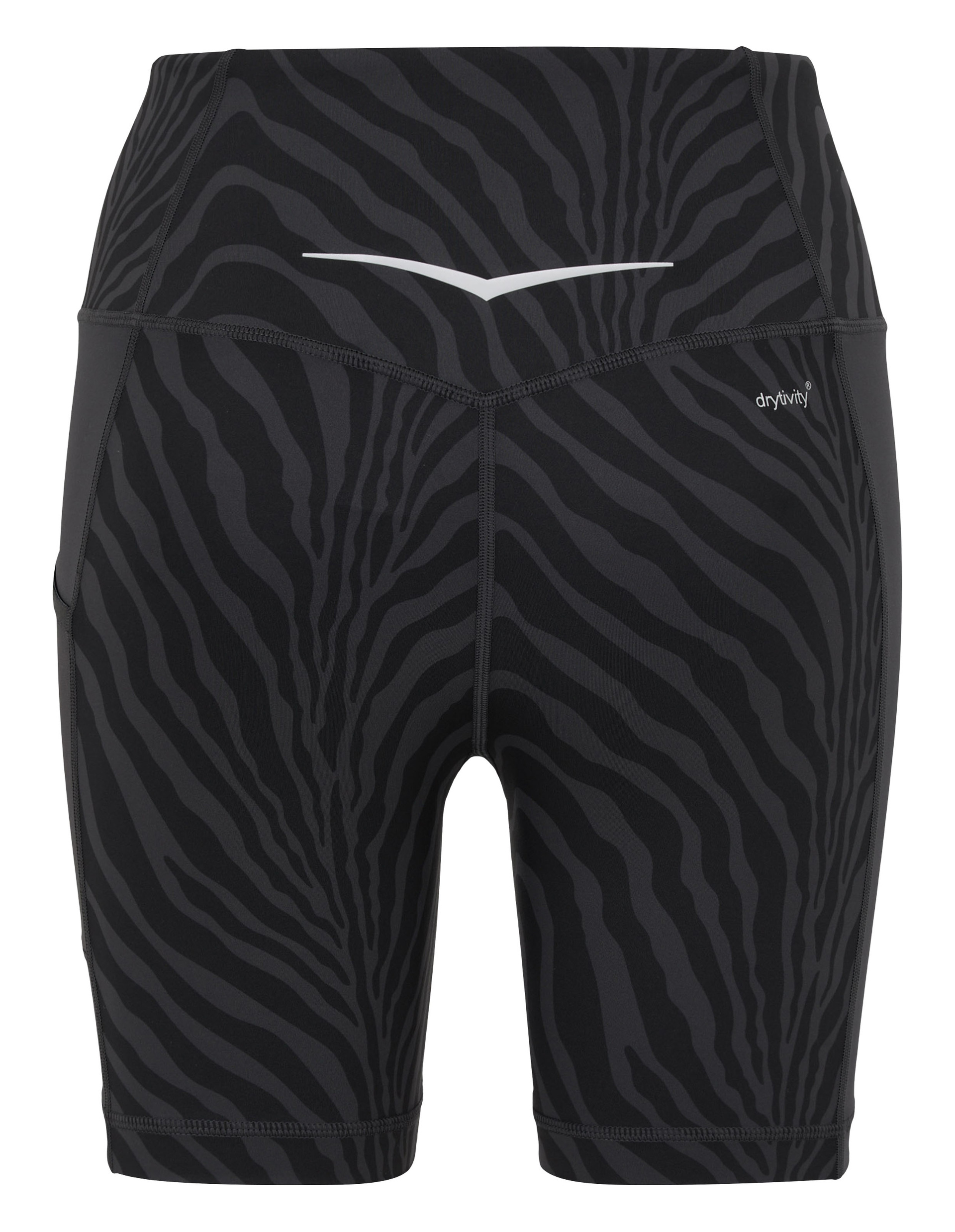 Schwarze Sportshorts mit Zebramuster und reflektierendem Detail, ideal zum Laufen, mit atmungsaktivem Material für Komfort.