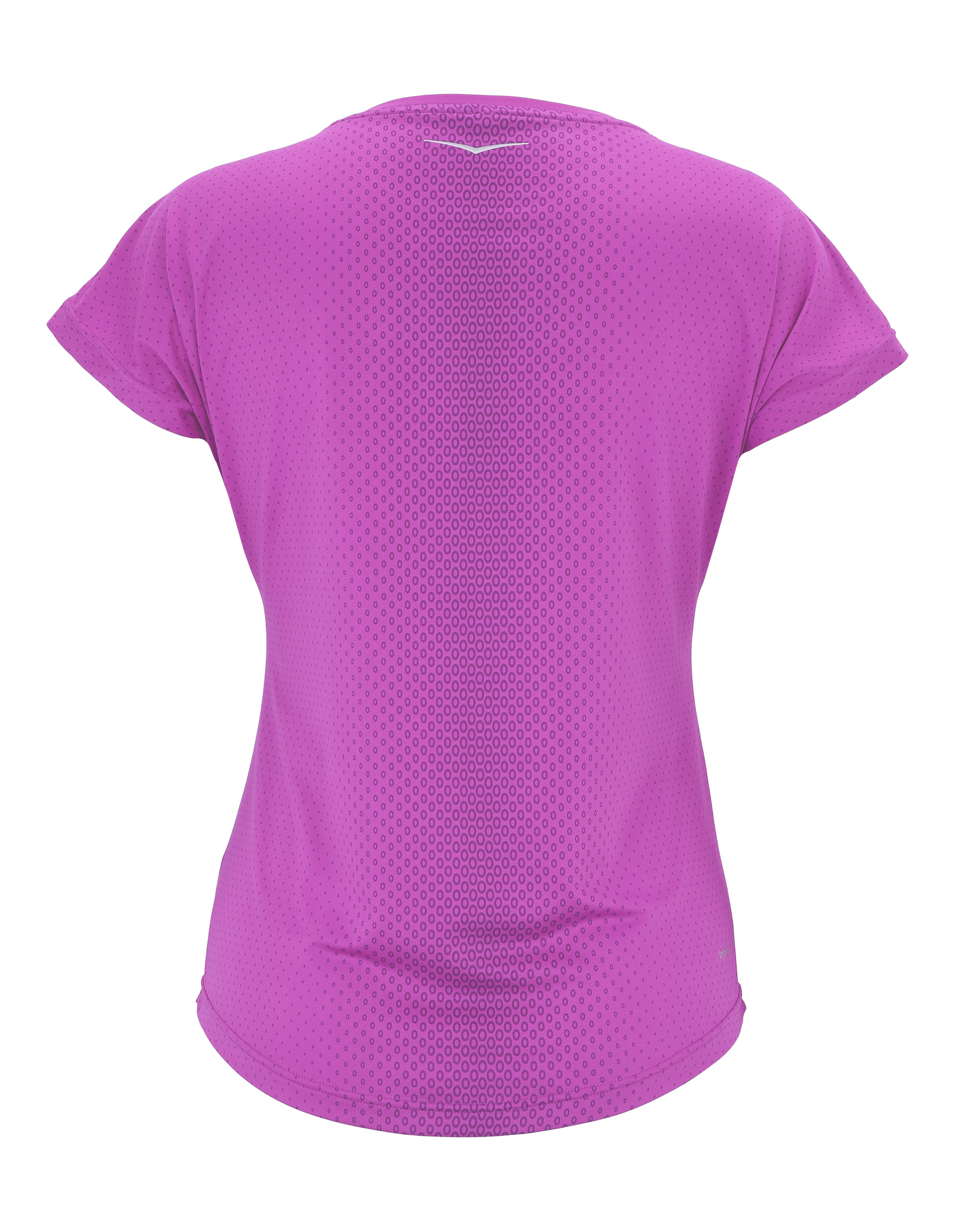 Rückansicht eines lockeren lila T-Shirts mit kleinen schwarzen Punkten und leichten Falten im Stoff, kurzärmlig und rundem Hals.