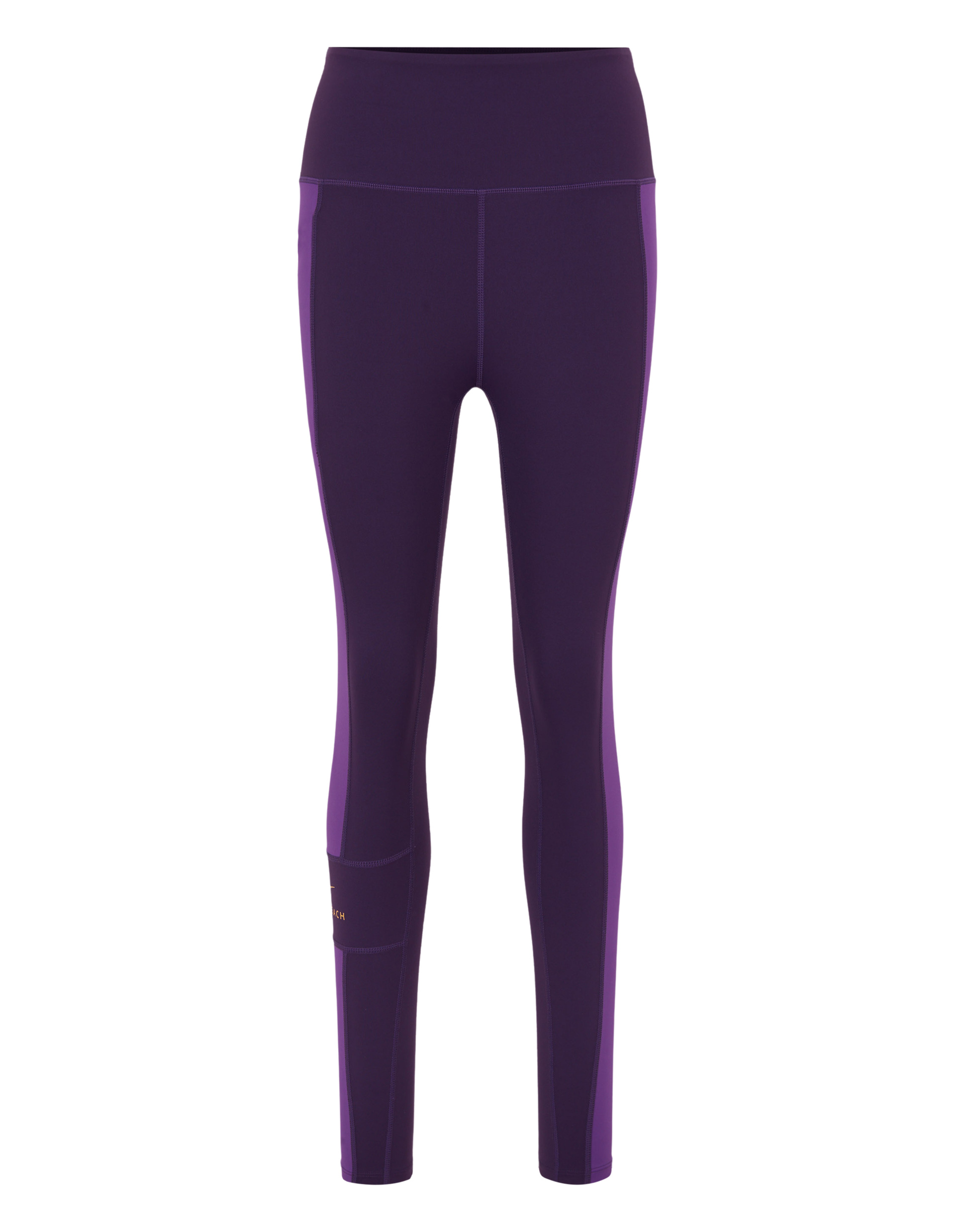 Dunkelviolette Leggings mit flacher Taille und Kontraststreifen an den Seiten.