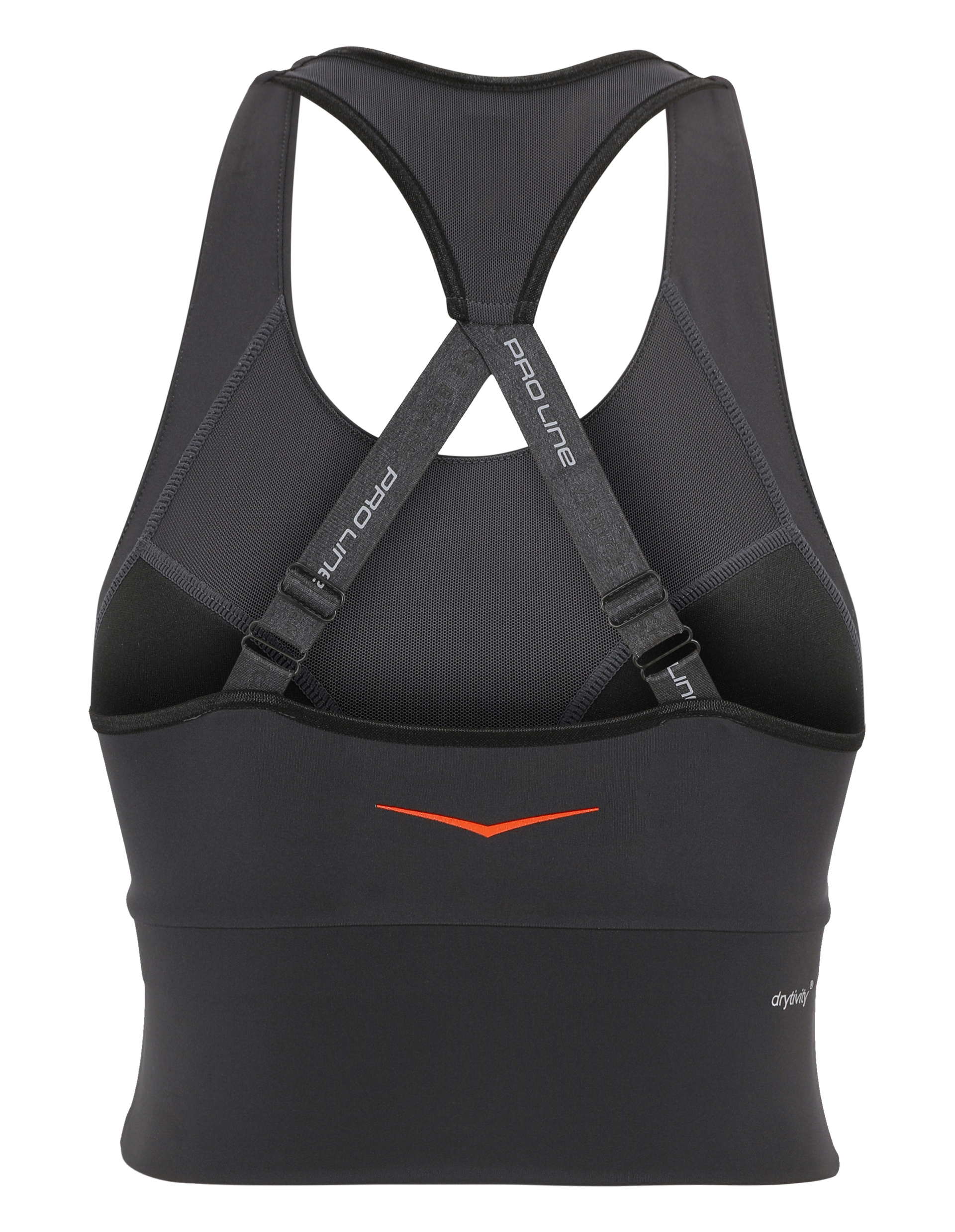 Schwarzer Sport-BH mit verstellbaren Trägern und rotem Streifendesign auf der Rückseite, hergestellt aus atmungsaktivem Material.
