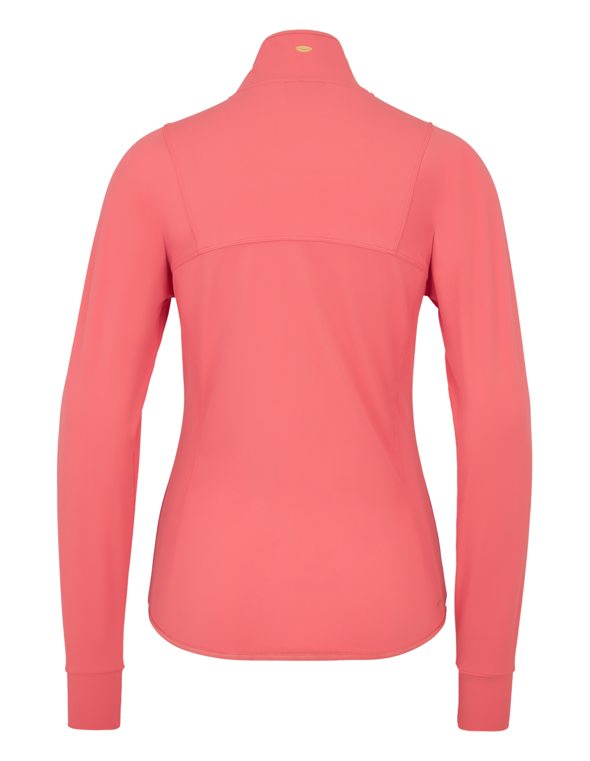 Rückansicht eines korallfarbenen Langarmshirts mit hohem Kragen und geraden Nähten, auf schlichtem weißem Hintergrund.