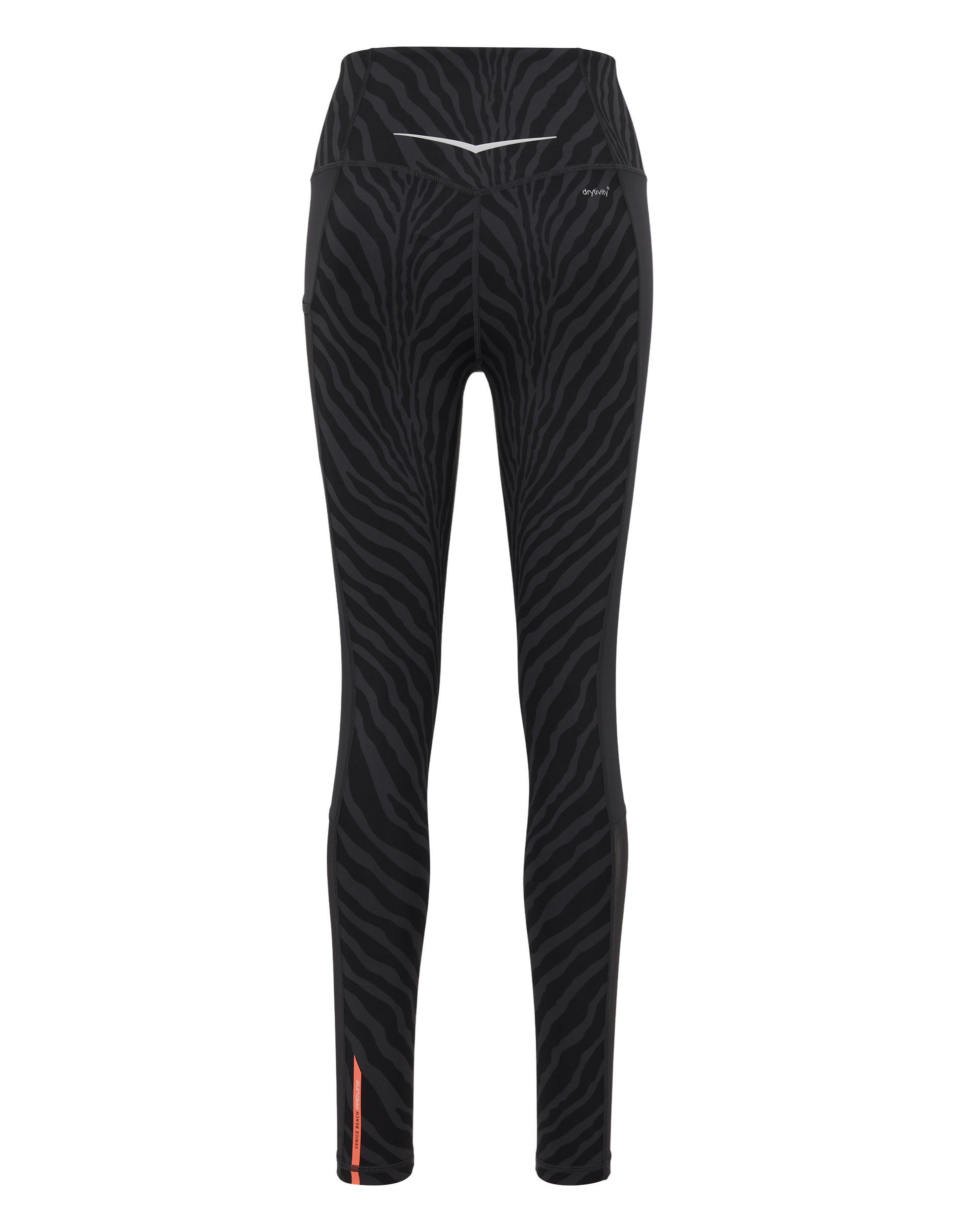 Schwarze Leggings mit grauem Zebramuster, hohem Bund und orangefarbenem Akzent am Beinabschluss, sportlich und modisch designed.
