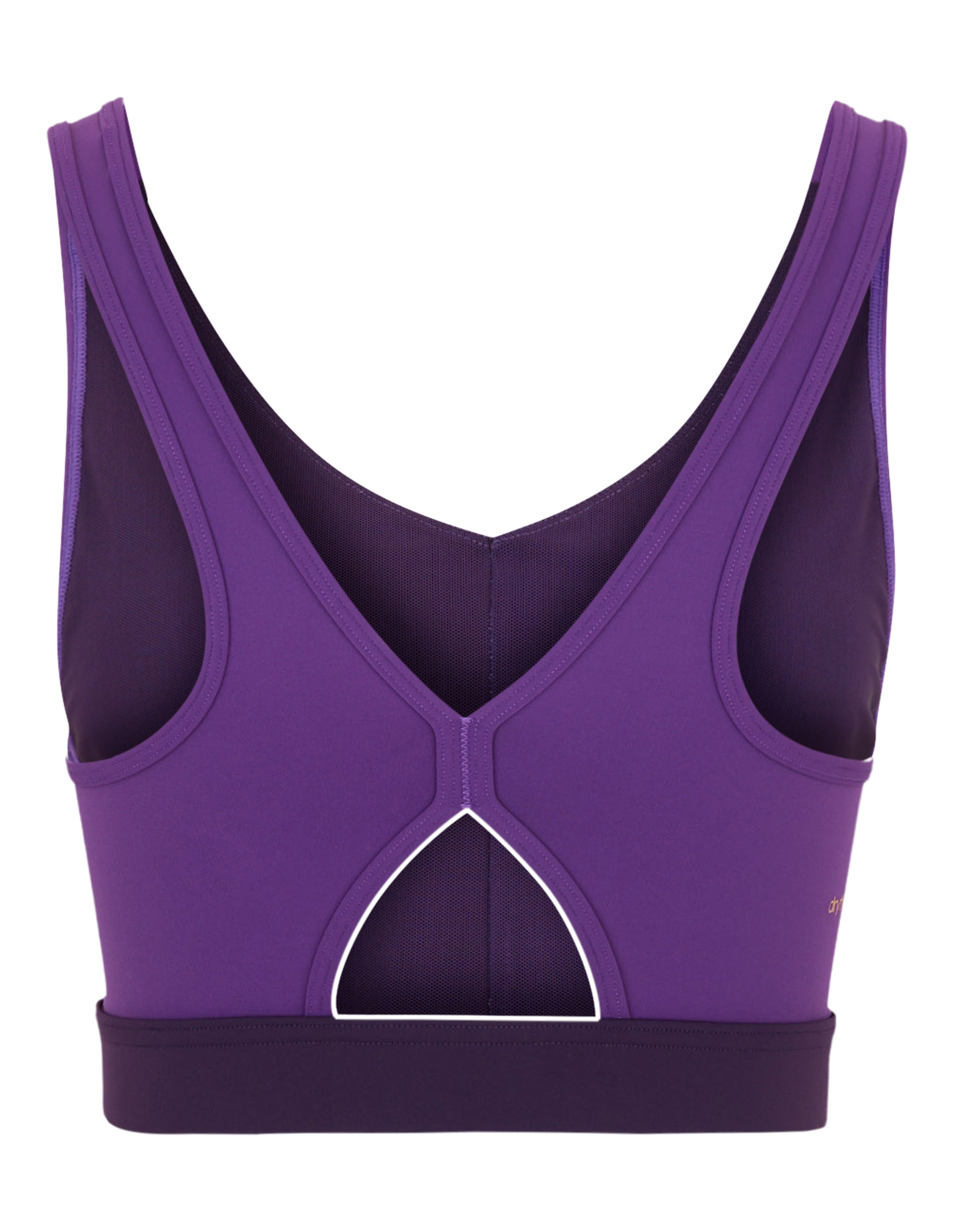 Lila Sport-BH mit tiefem Rückenausschnitt und Cut-out-Design, kontrastierenden Nähten und elastischem Bund für Halt.