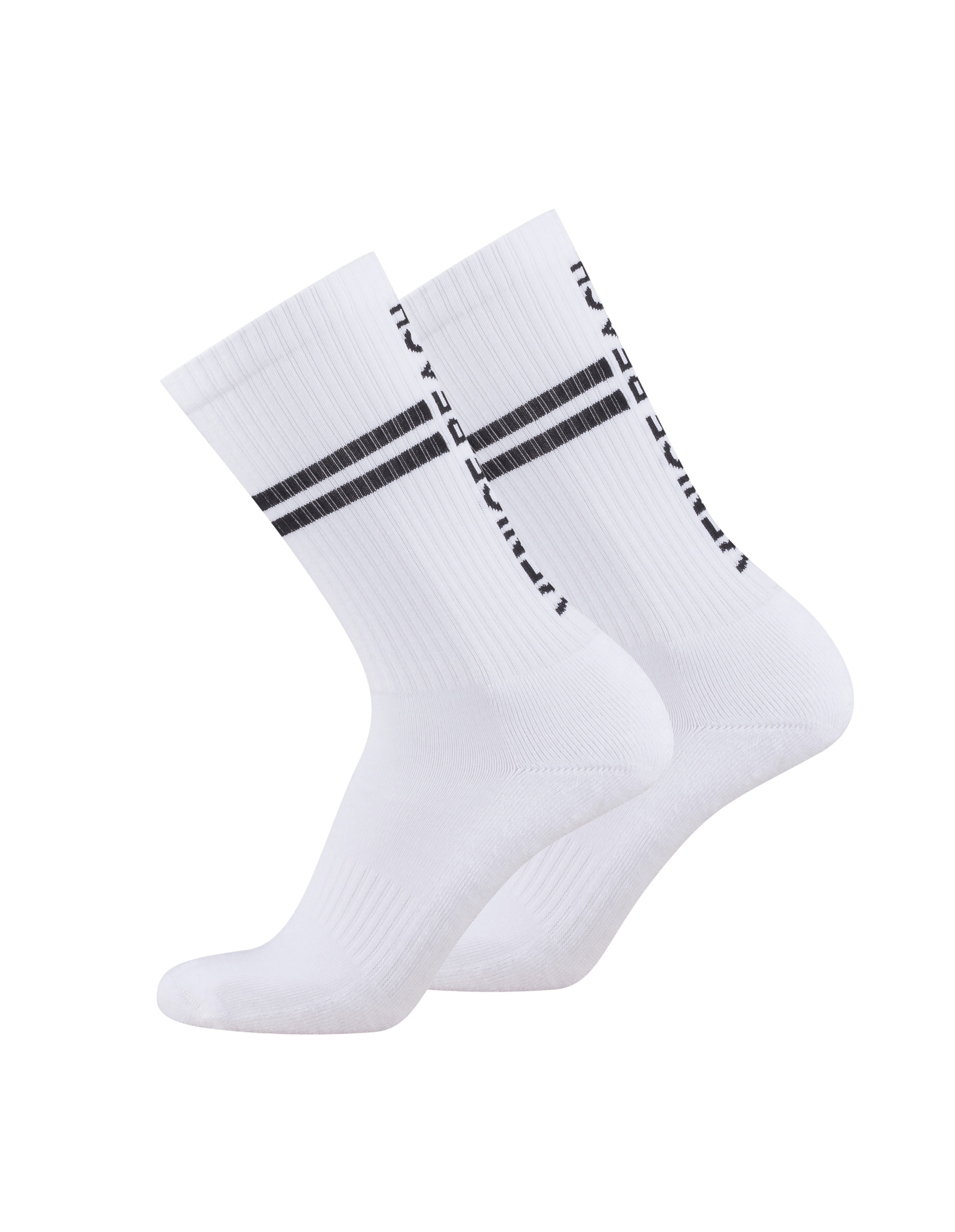 Zwei weiße Sportsocken mit schwarzem Streifen und seitlichem Schriftzug, gerippte Struktur für einen bequemen und modernen Look.