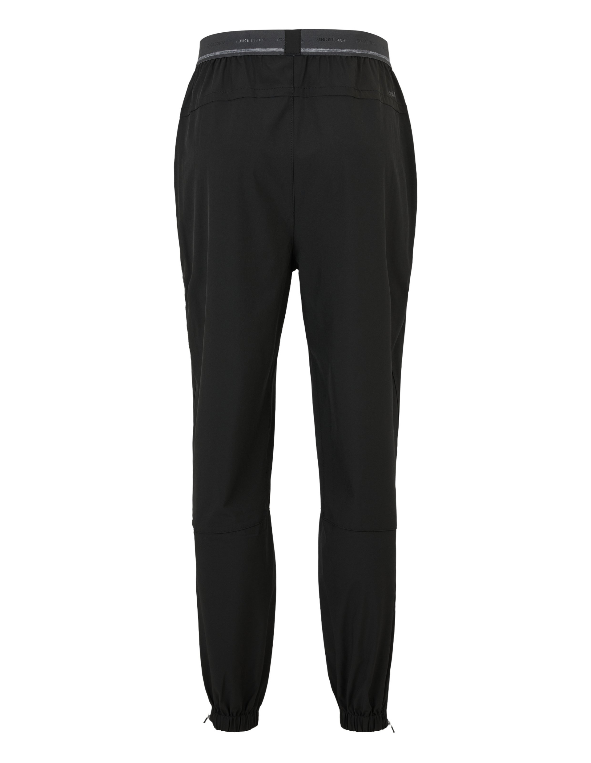 Schwarze Jogginghose mit elastischem Bund und Bündchen an den Knöcheln, Rückansicht, glatter Stoff für bequeme Passform.