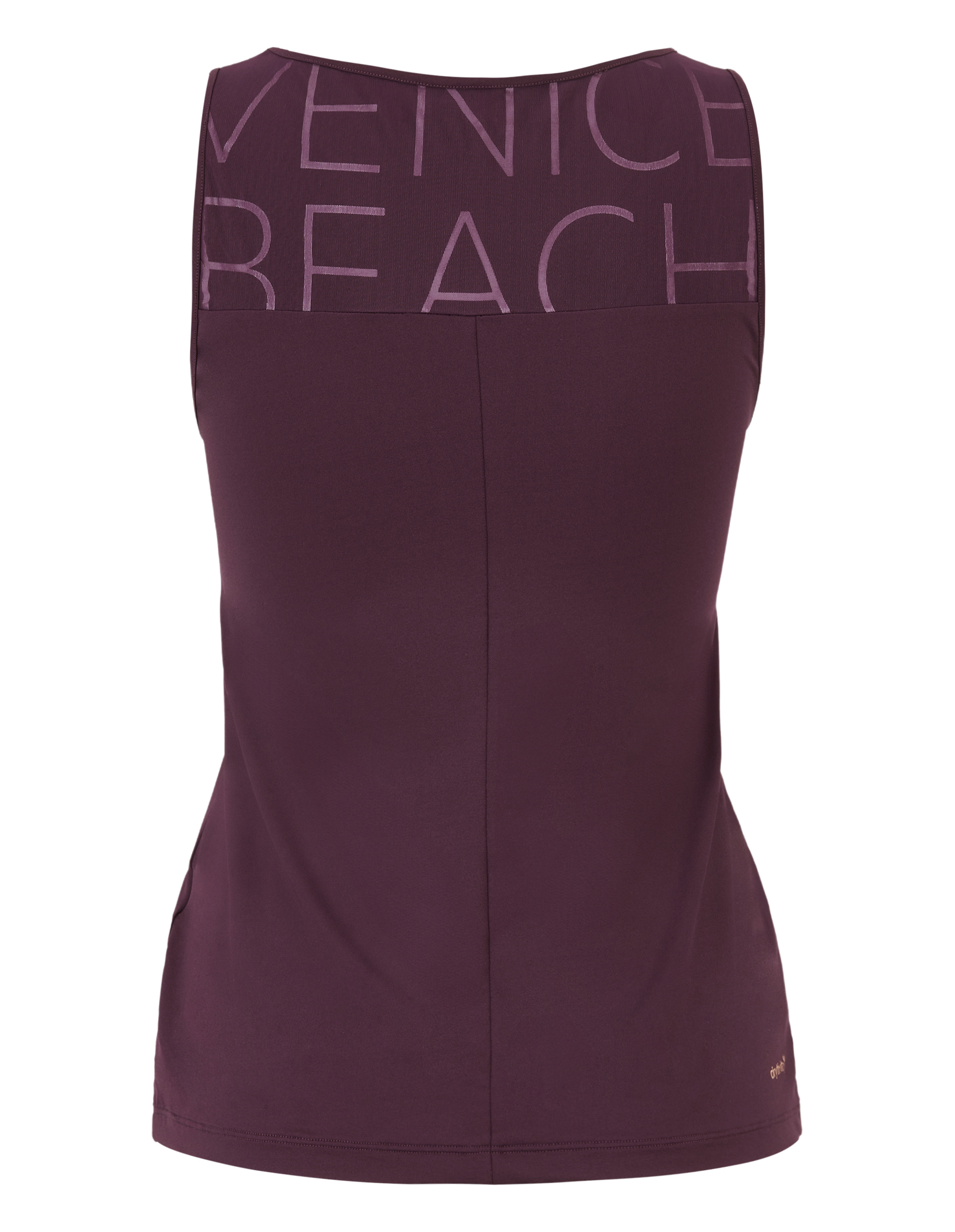 Lila ärmelloses Top mit großem, kontrastierendem Schriftzug "VENICE BEACH" auf der Rückseite, schlichtes Design, sportlich-elegant.