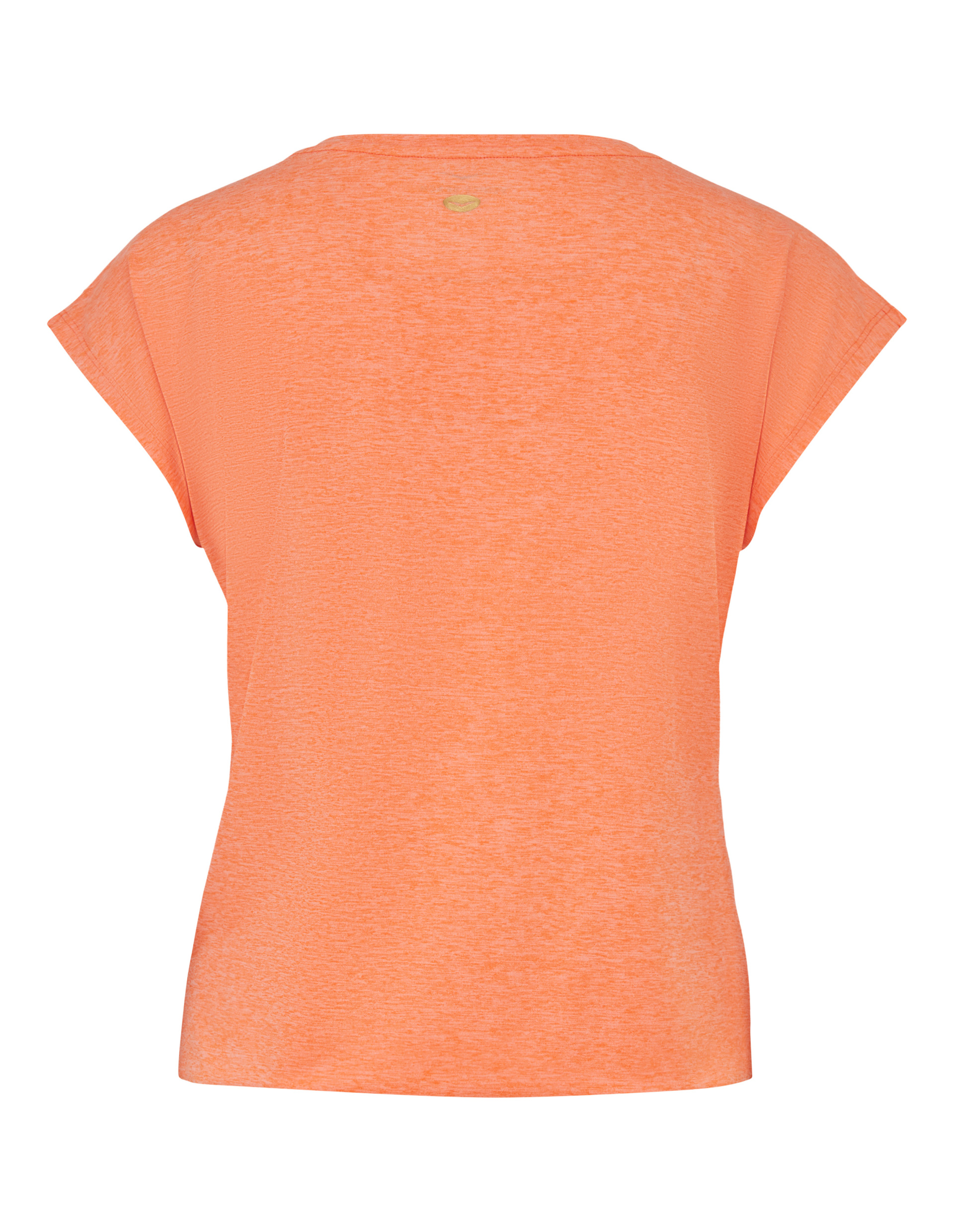 Orangefarbenes T-Shirt von hinten, mit kurzen Ärmeln und Rundhalsausschnitt, aus leicht durchscheinendem Stoff.