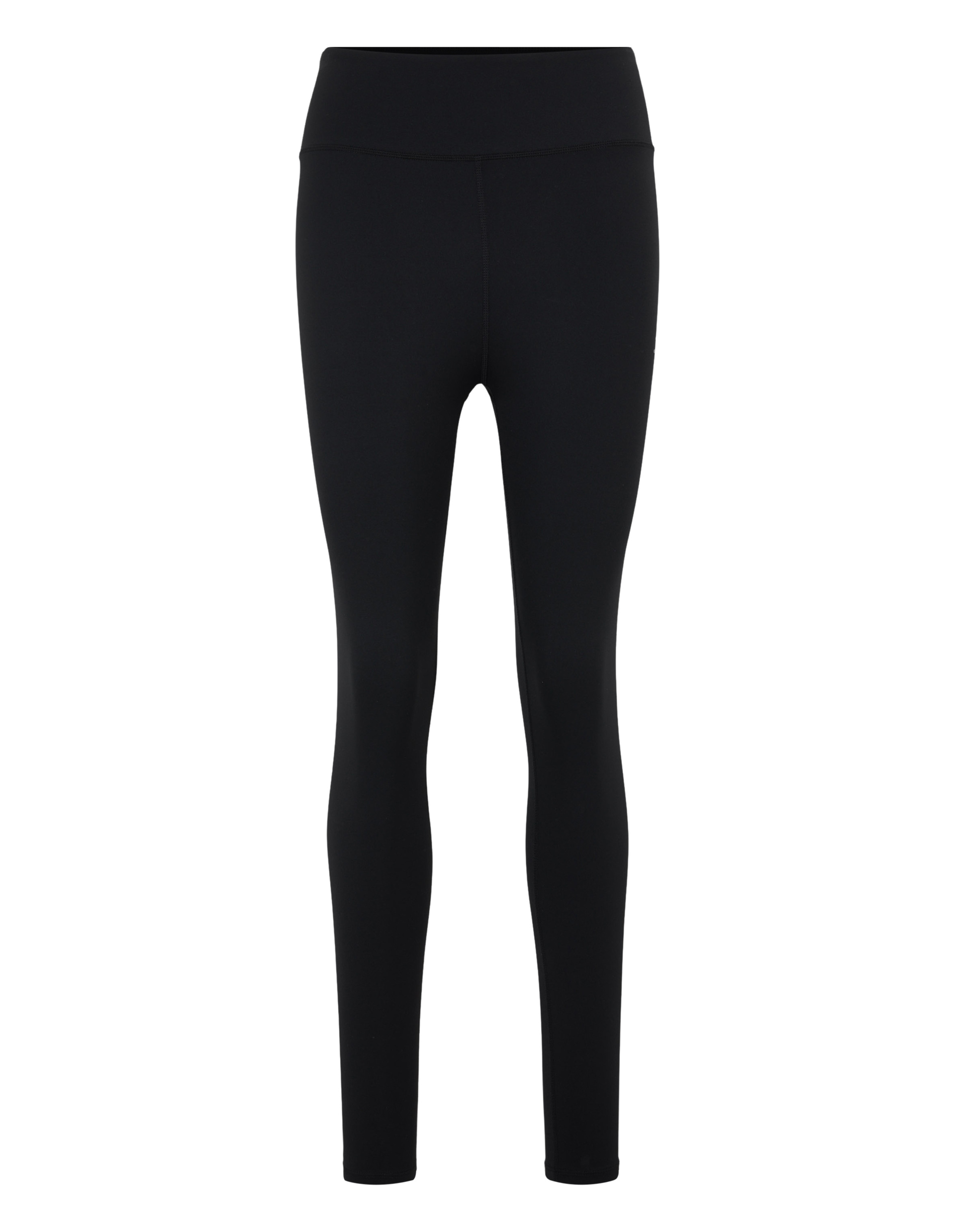 Schwarze Leggings mit hohem Bund und schlanker Silhouette, ideal für Sport oder Alltag, vor weißem Hintergrund präsentiert.