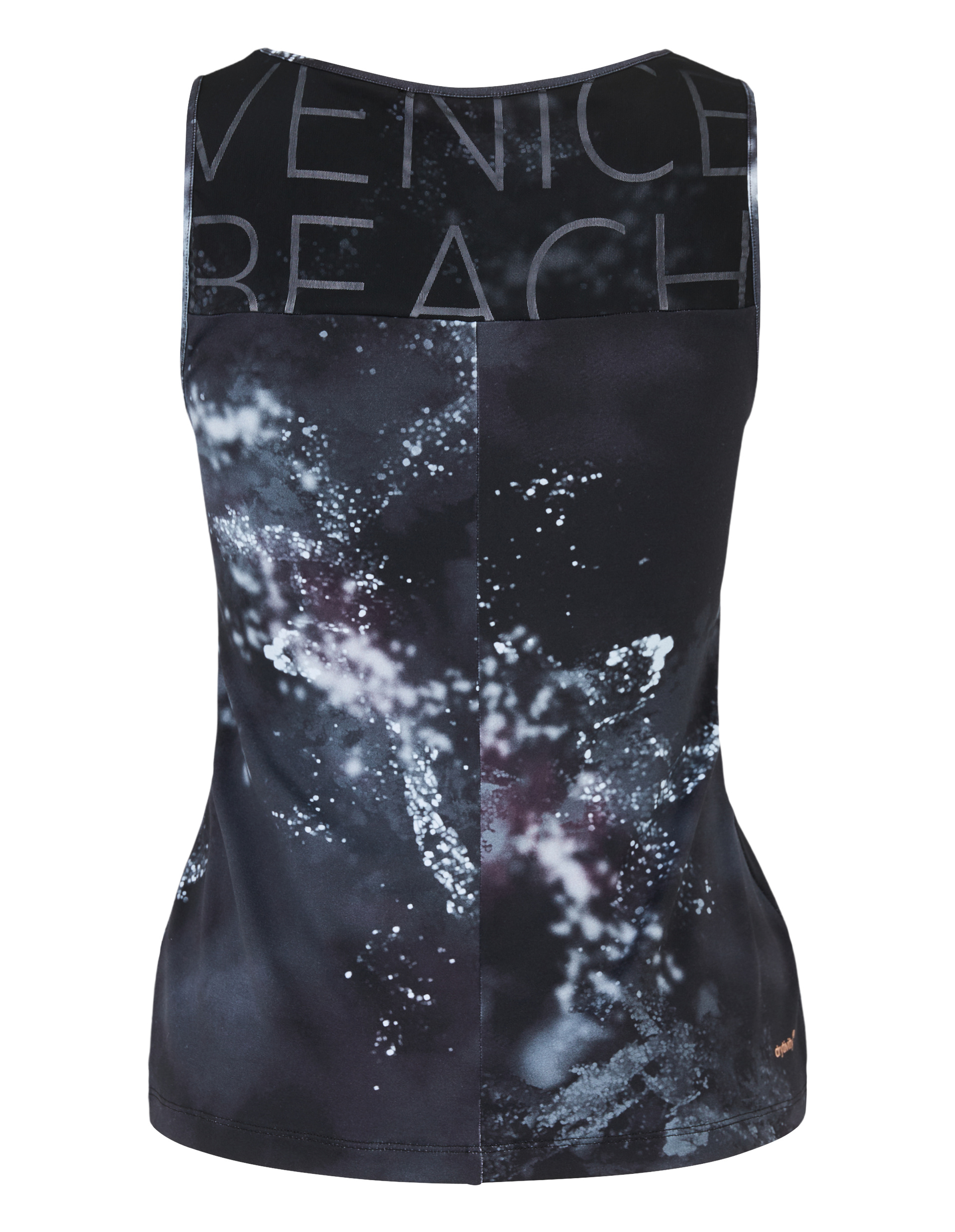 Ärmelloses, schwarz-weiß marmoriertes Damen-Top mit "Venice Beach"-Schriftzug am Rücken und künstlerischem, verschwommenem Design.