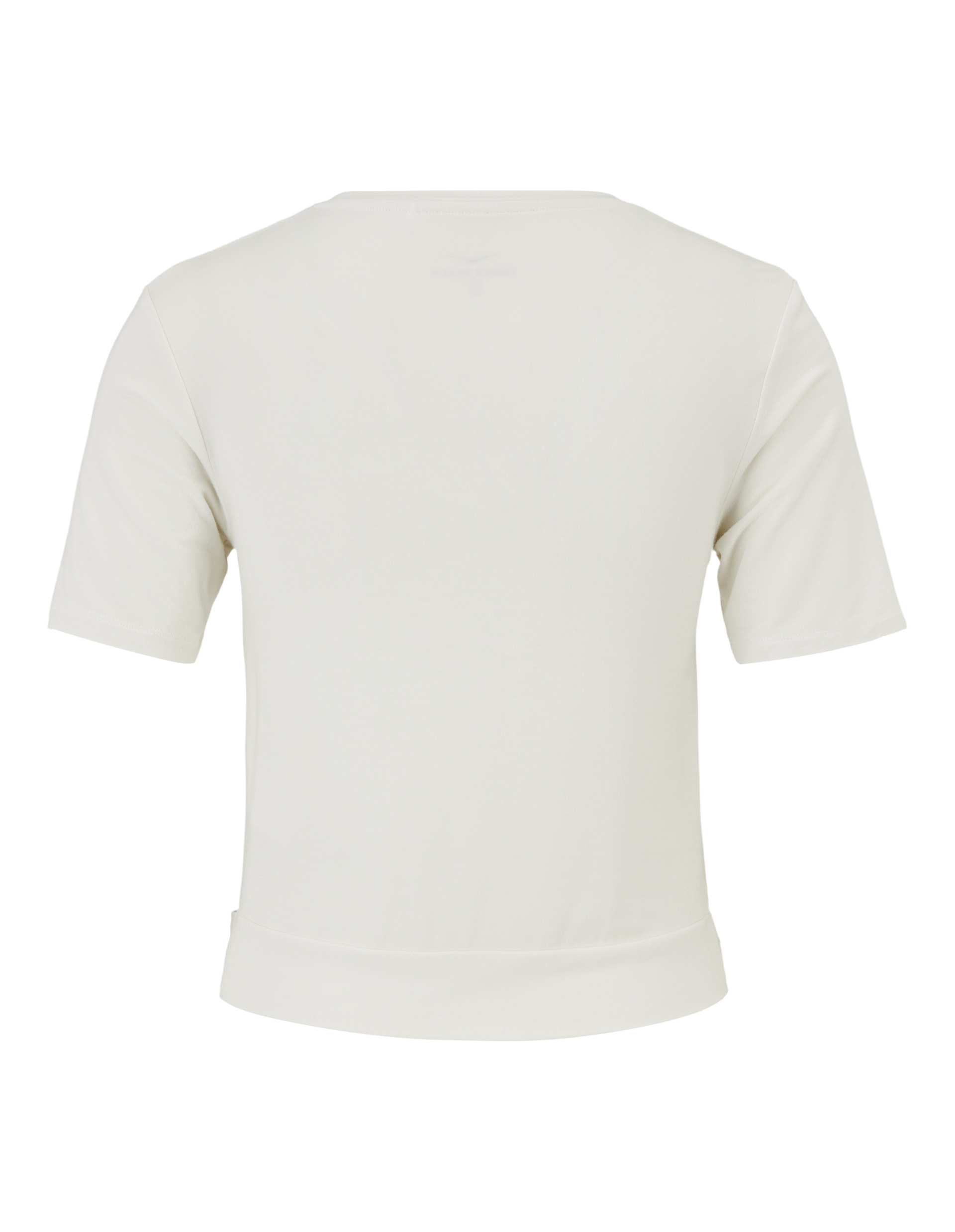 Ein schlichtes, weißes T-Shirt von hinten mit kurzen Ärmeln und einem klassischen Rundhalsausschnitt, aus weichem Stoff.