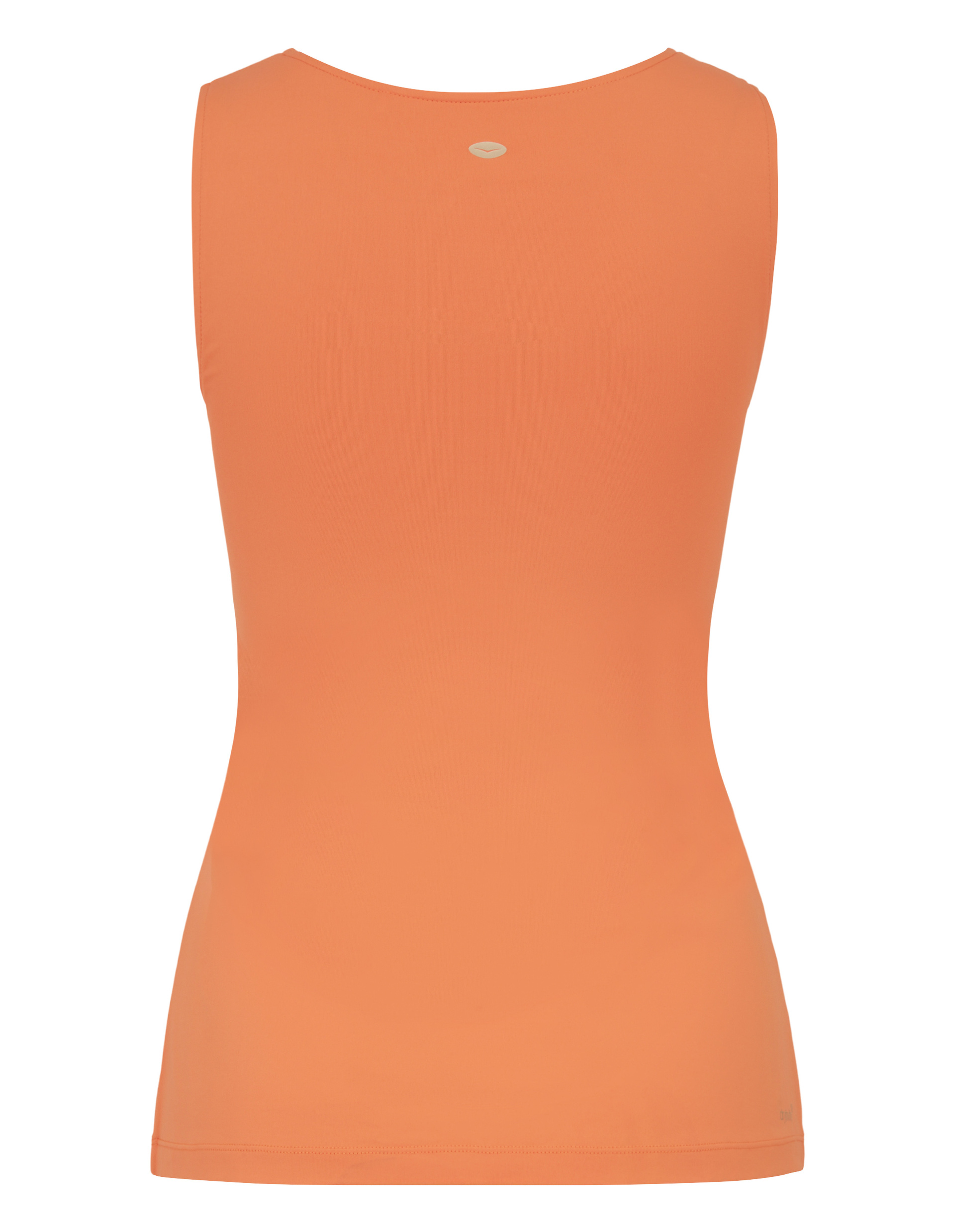 Ärmelloses orangefarbenes Oberteil mit abstraktem Zebramuster in dunkleren Orangetönen, modern und stilvoll gestaltet.