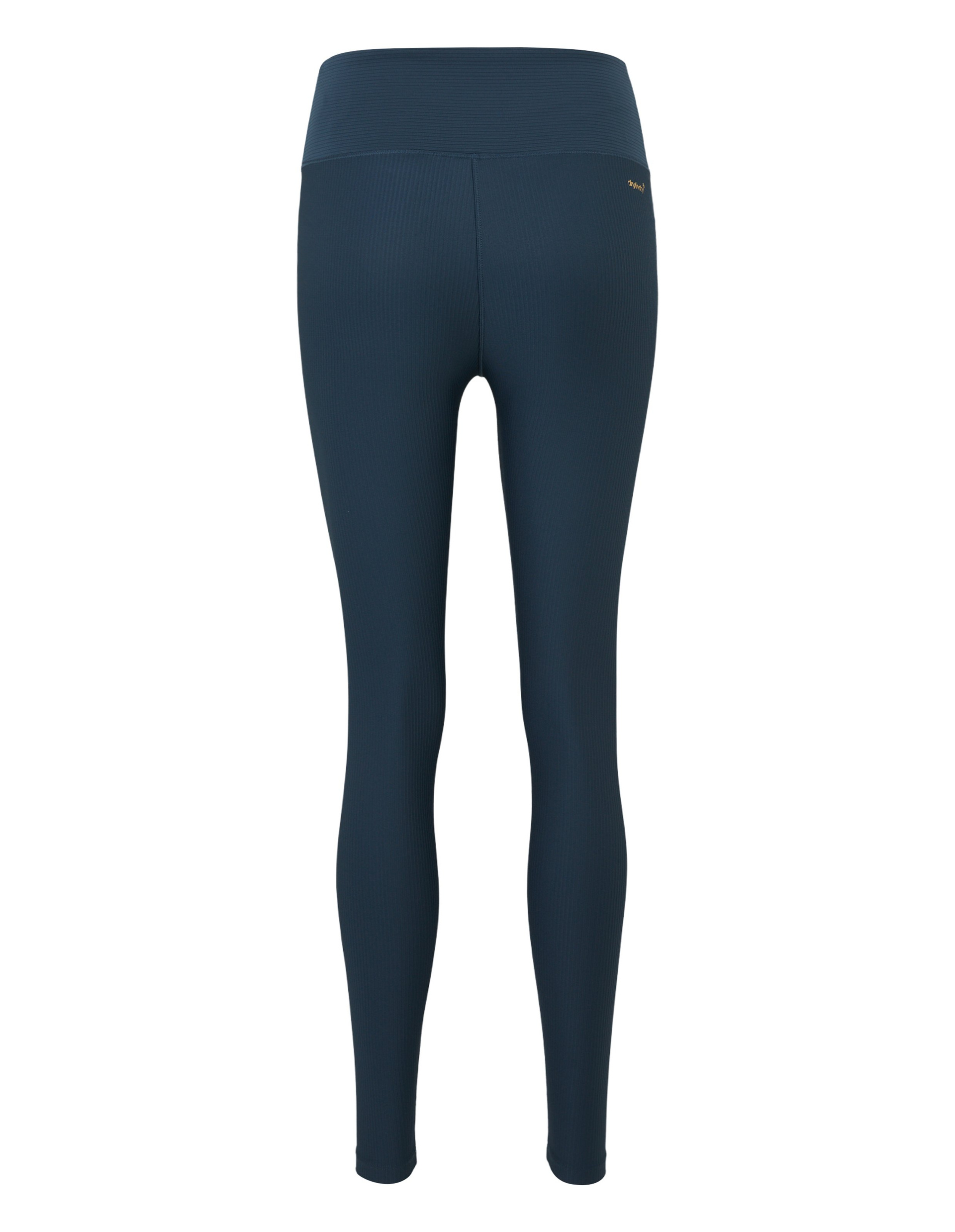 Dunkelblaue Leggings mit hohem Bund und schmaler Passform, aus elastischem Material, von hinten fotografiert.