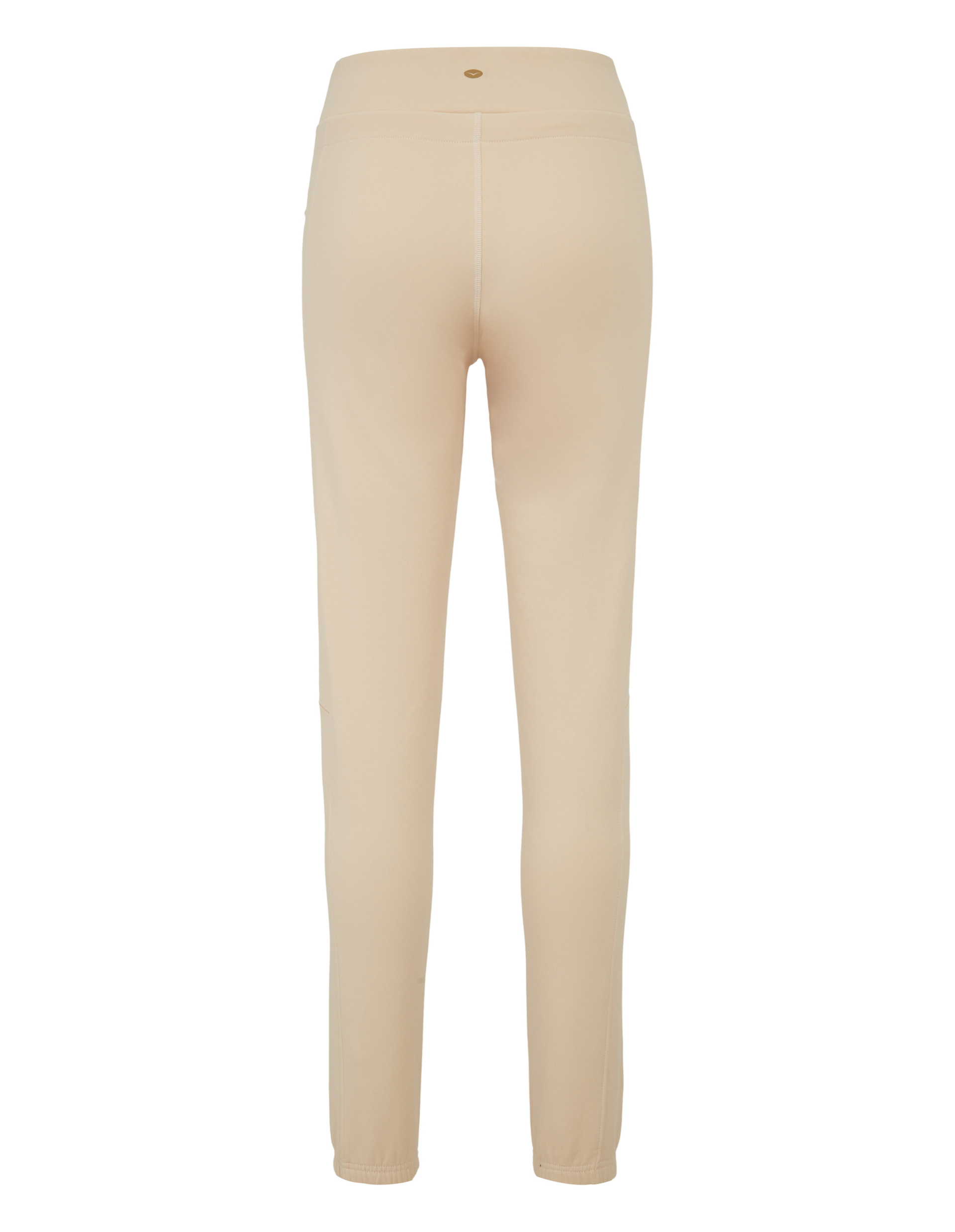 Hellbeige Jogginghose aus weichem Stoff, Rückansicht, elastischer Bund, schmaler Schnitt, ohne sichtbare Taschen.