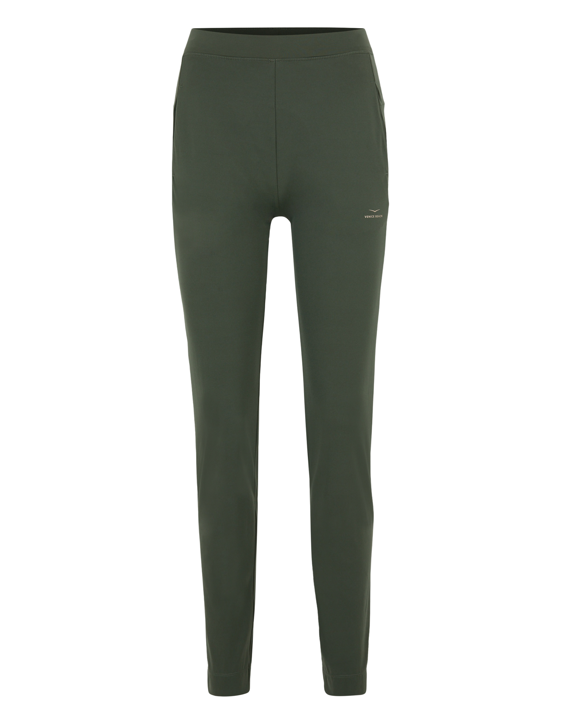 Dunkelgrüne, schmal geschnittene Hose aus glattem Stoff mit elastischem Bund und seitlichen Taschen, sportlich und elegant zugleich.