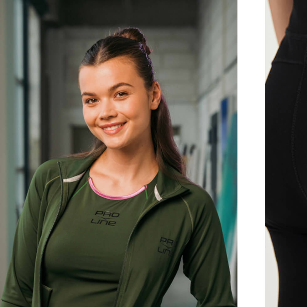 Frau mit braunen Haaren im dunkelgrünem Sportoutfit der Marke Venice Beach.