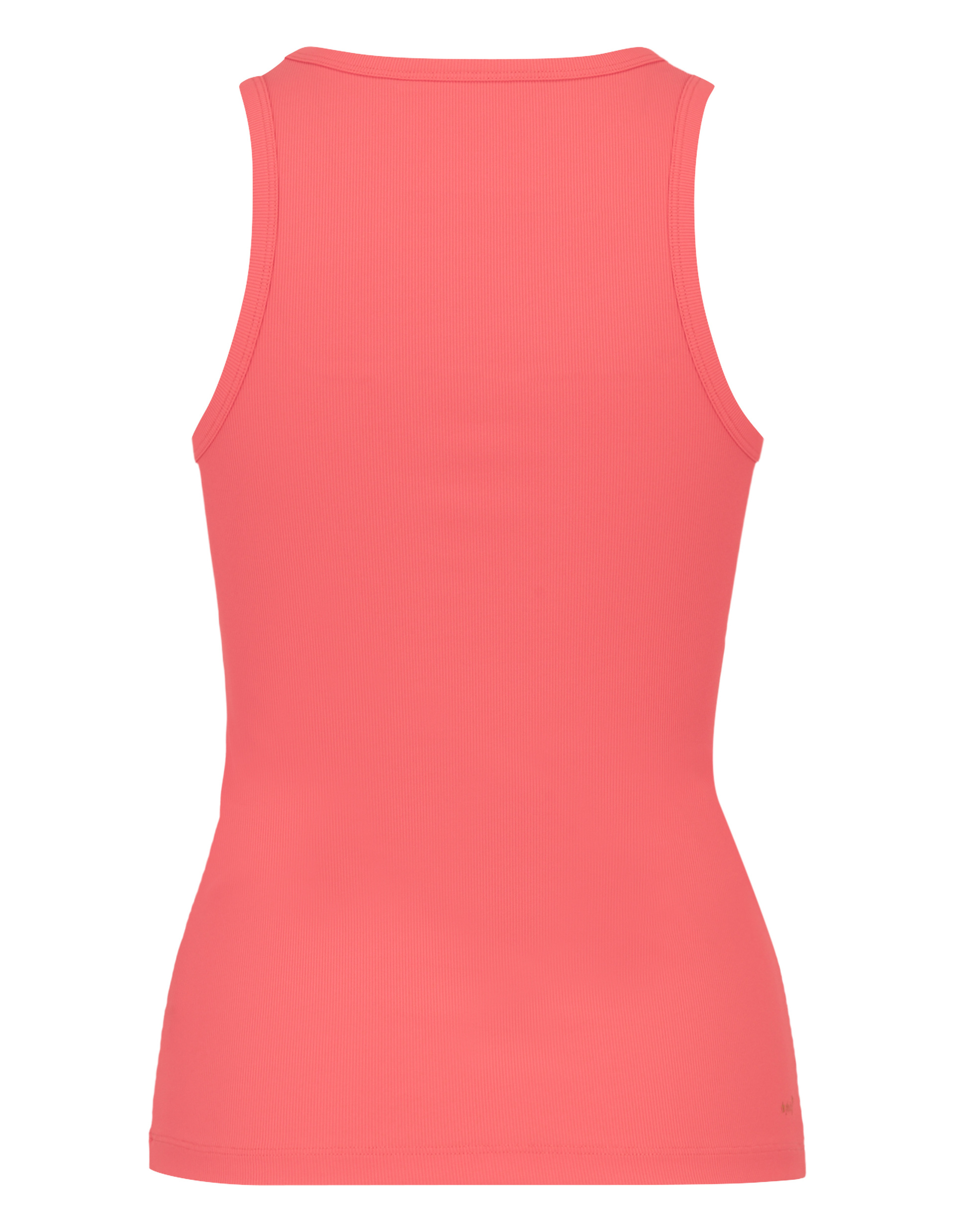 Rückansicht eines ärmellosen, korallfarbenen Tops mit Rundhalsausschnitt, das eng anliegt und einen schlichten, eleganten Stil zeigt.