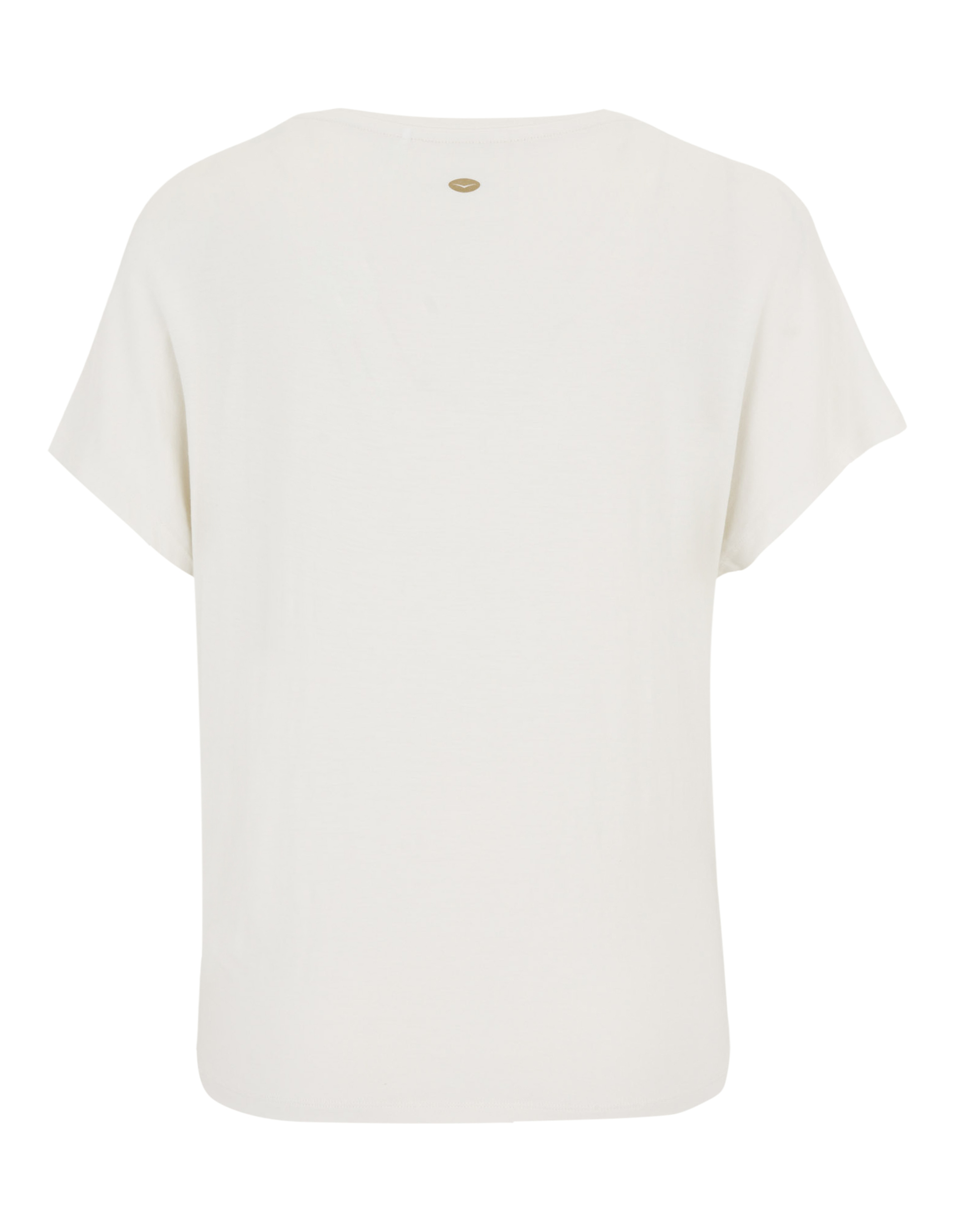 Ein schlichtes, weißes T-Shirt mit kurzen Ärmeln und einem kleinen, goldenen Logo auf der Rückseite unterhalb des Kragens.