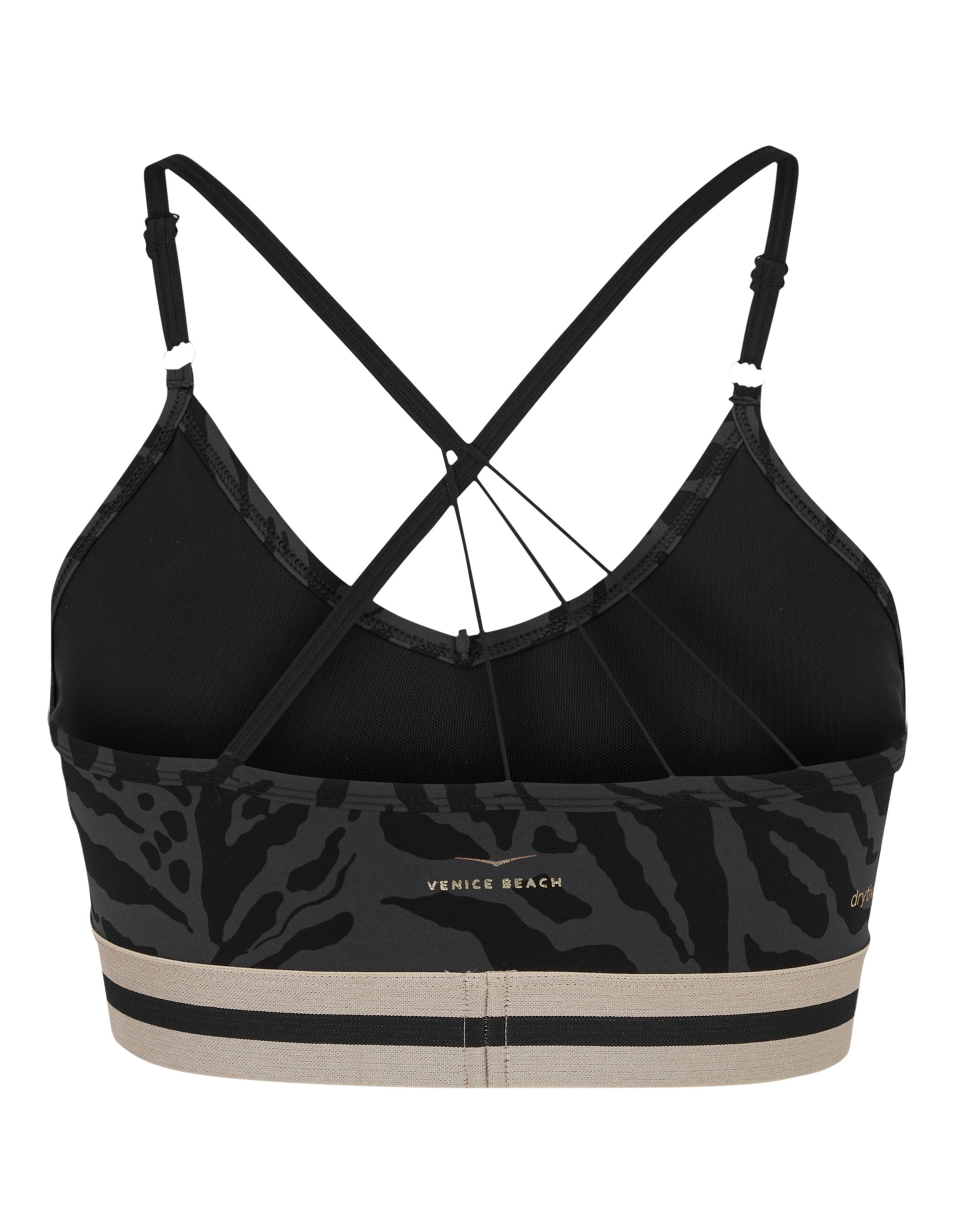 Schwarzes Sport-BH mit überkreuzten Trägern und Zebra-Muster, elastisches Unterband und "Venice Beach" Schriftzug in der Mitte.