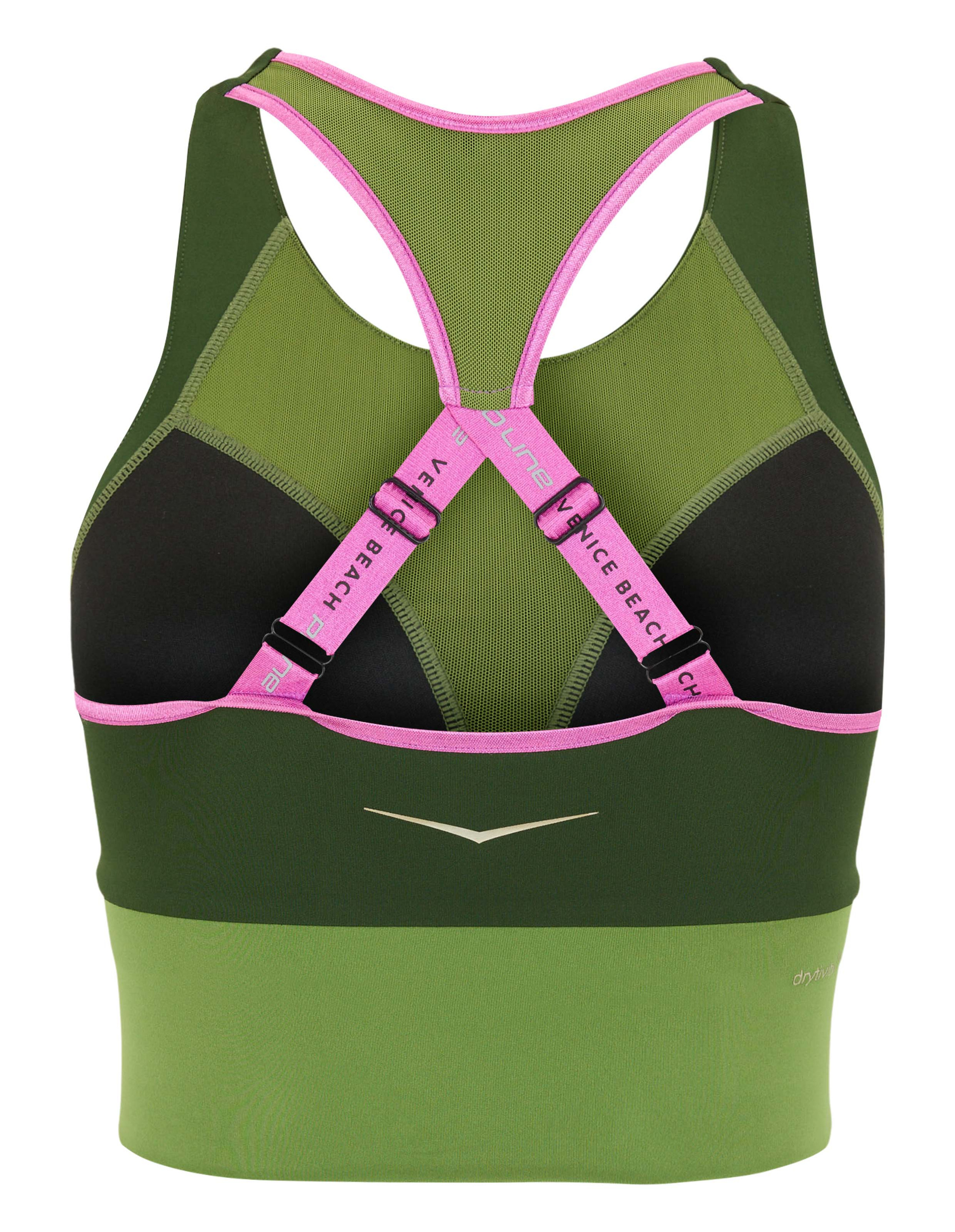 Rückansicht eines grünen Sport-BHs mit pinken Trägern und schwarz-grünen Details, auf denen "Venice Beach" steht.
