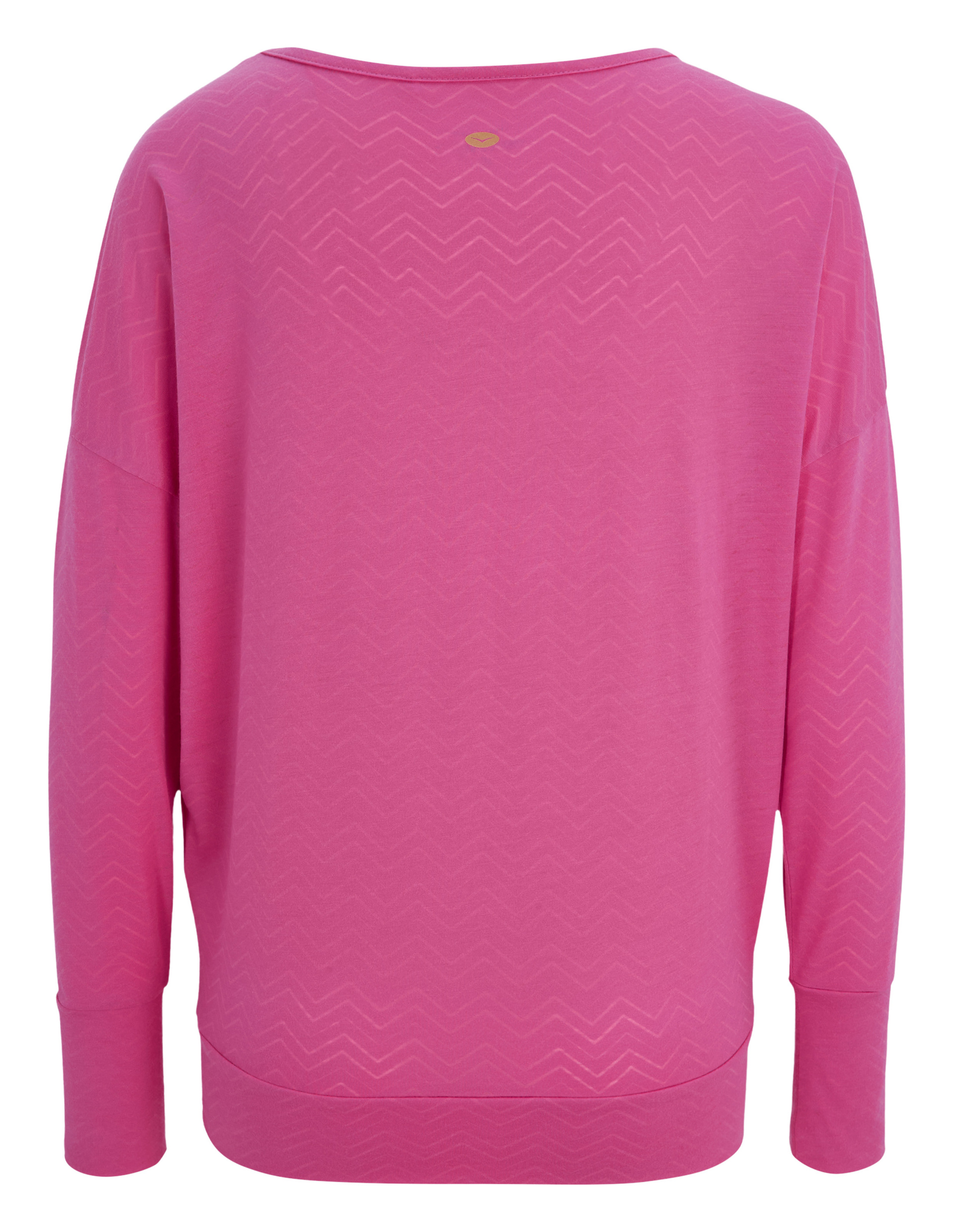 Ein pinker Pullover mit Chevron-Muster auf der Rückseite, langen Ärmeln und einem schlichten, weiten Schnitt.