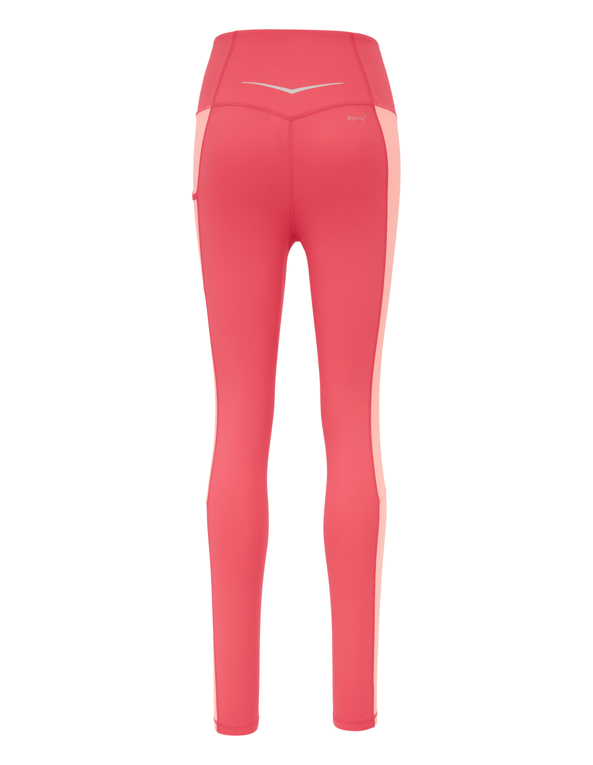 Rückenansicht einer pinken Sportleggings mit hohem Bund, leuchtend pinken und hellen Seiteneinsätzen, ideal für den Sport.