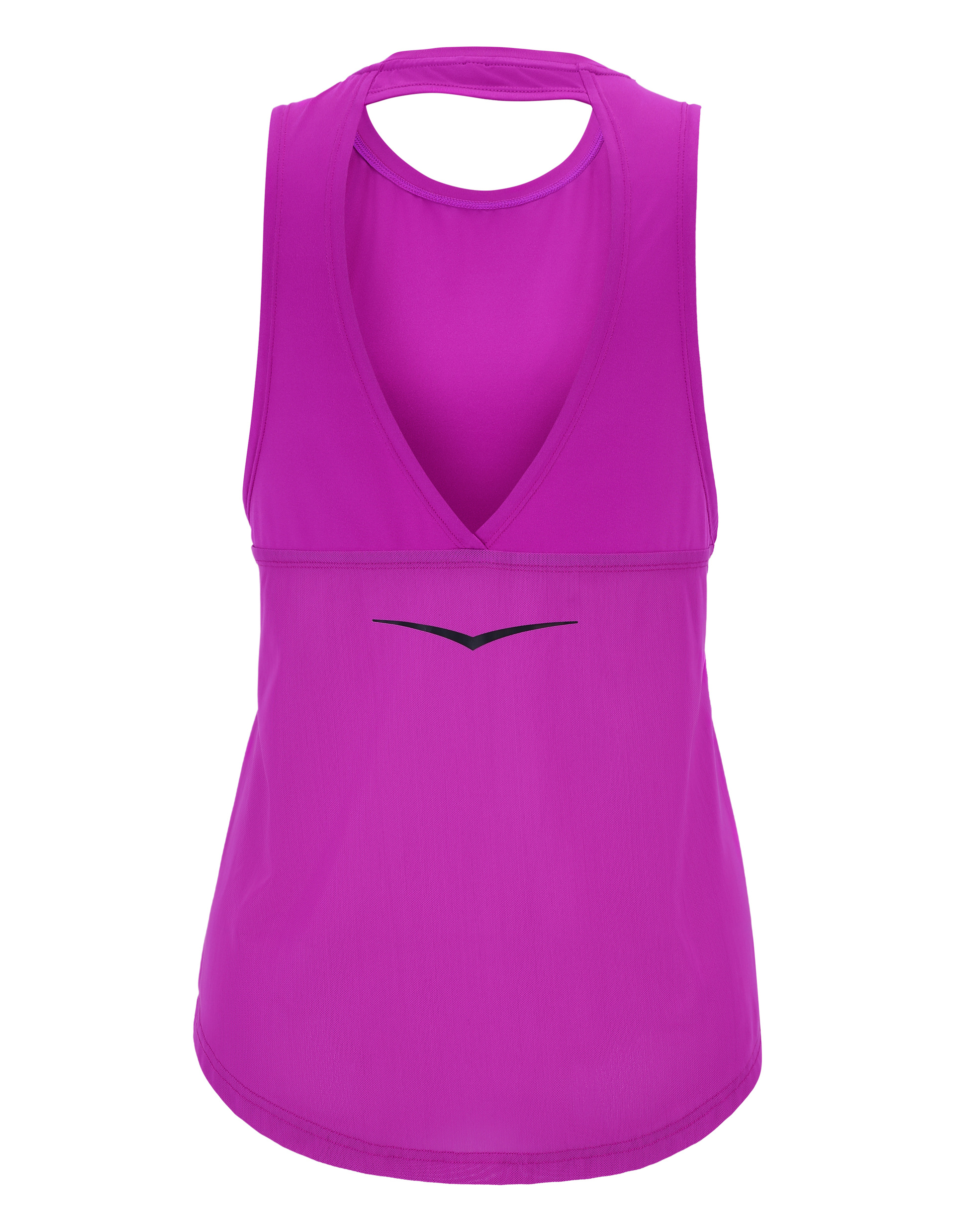 Lila Tanktop mit Rückenausschnitt und V-Ausschnitt, schwarzem Logo auf der Vorderseite, schlichtem Design und leichtem Stoff.