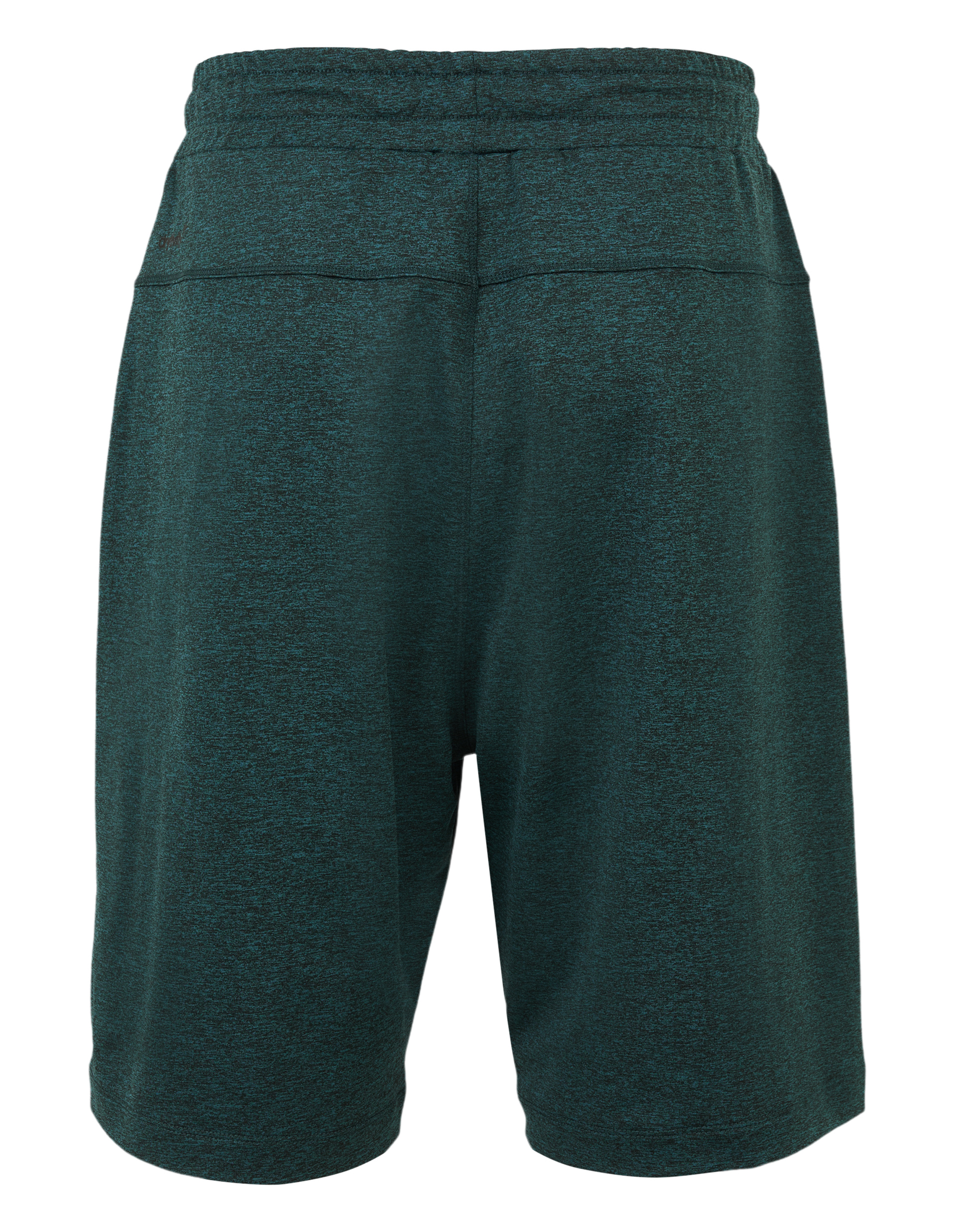 Dunkelgrüne, knielange Shorts aus leichtem, meliertem Stoff mit elastischem Bund und verdecktem Kordelzug für bequemen Sitz.