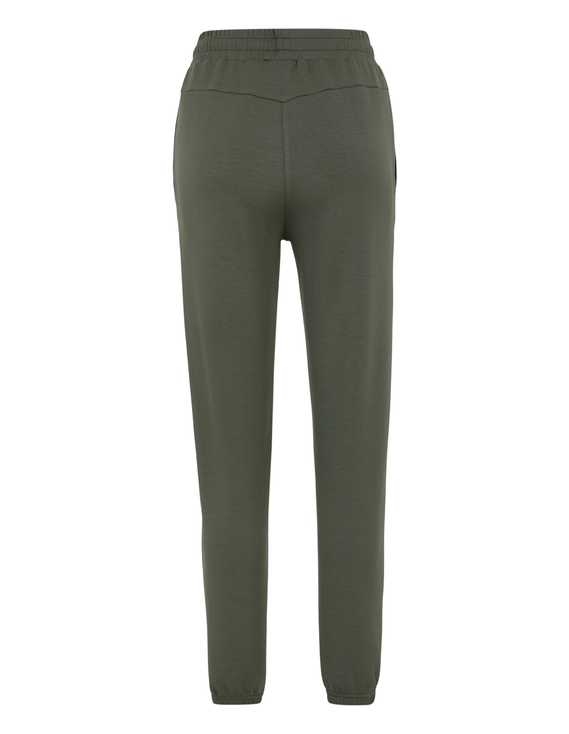 Grüne Jogginghose aus weichem Stoff mit elastischem Bund, enger zulaufenden Beinen und elastischen Bündchen, Rückansicht.