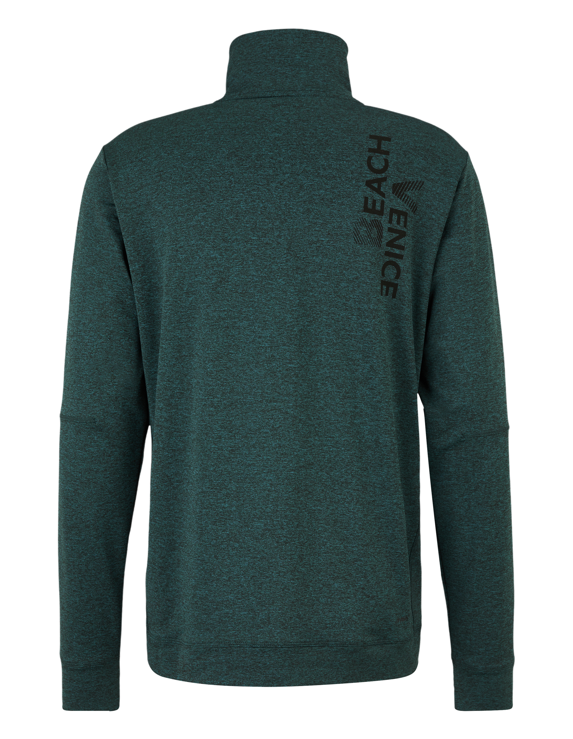 Dunkelgrüner Pullover mit hohem Kragen und "Venice Beach" Schriftzug in Schwarz auf der rechten Schulter, Rückansicht.